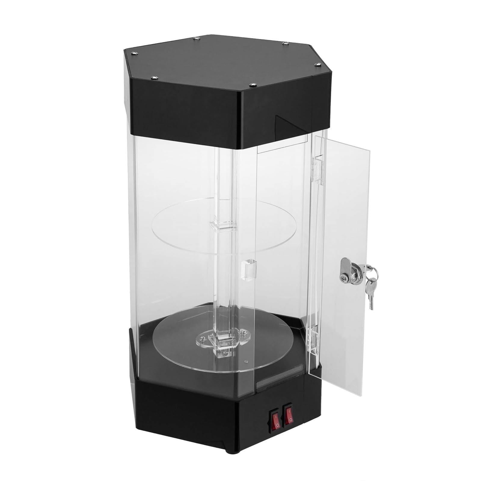 360° Rotating LED Acrylic Display Case with Lock & Keys - 2-Tier Electric Jewelry Showcase for Watches, Sunglasses & Cosmetics | Perfect for Retail Stores, Boutiques and Trade Show Displays