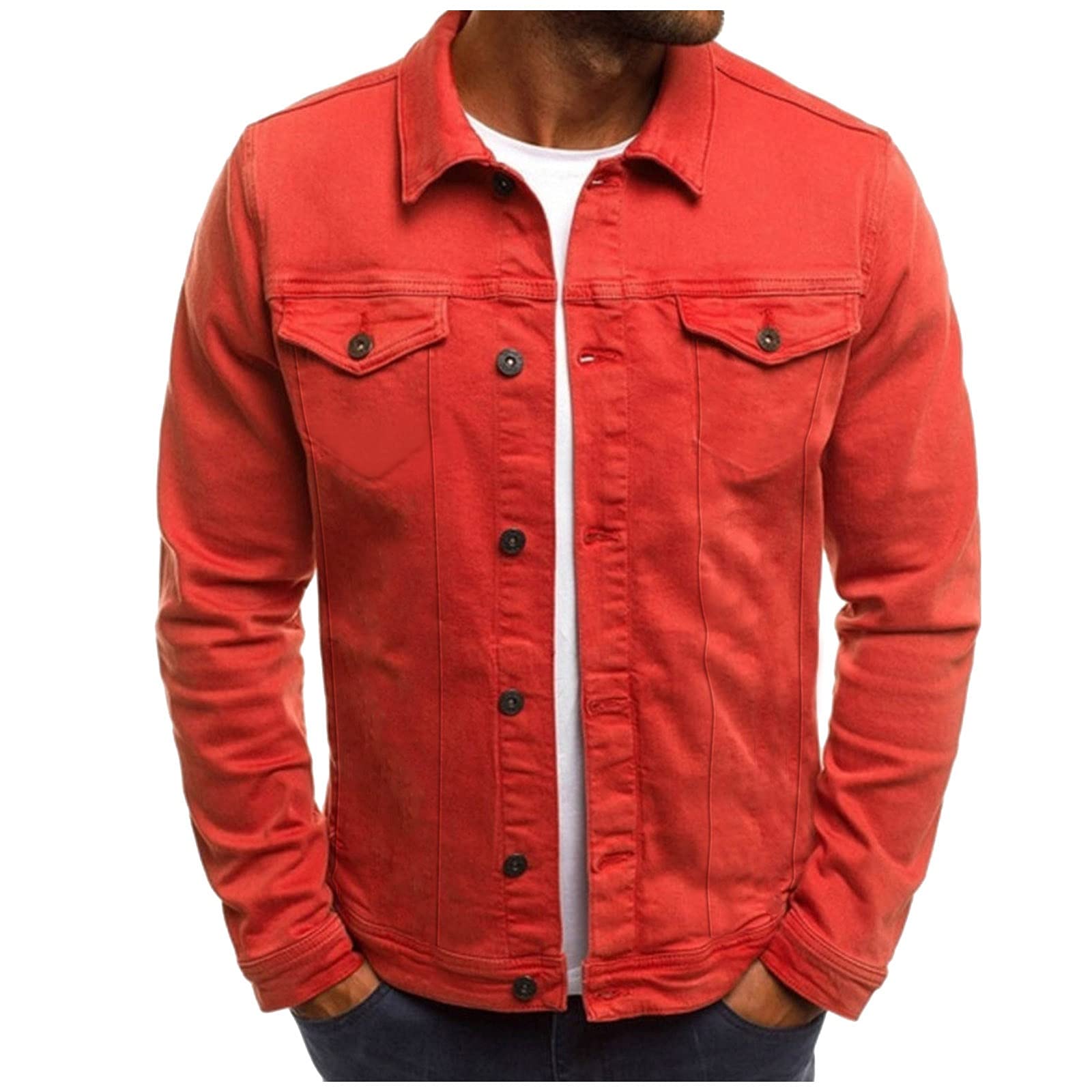 AMZFDC Dark Blue Men's Casual Button-Up Shirt Jacket with Multi-Pockets - Stand Collar Work Blouse for Office, Outdoor & Daily Wear
