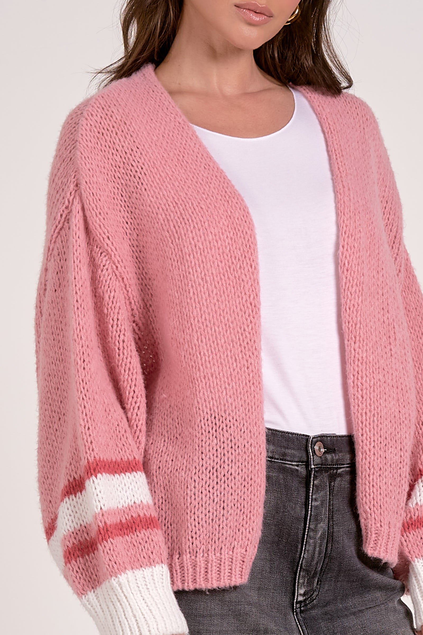 Women's Varsity Open Front Sweater Cardigan - Soft Pink Knit Long Sleeve Lightweight Pullover for Casual Outfits & Layering in Fall/Winter