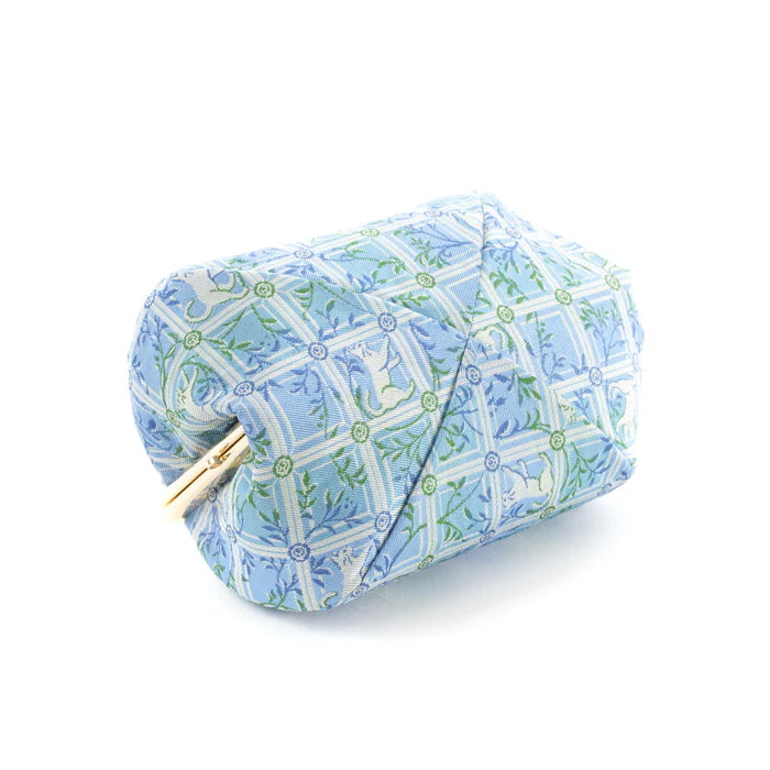 Nishijin Woven Small Cat Pouch - Blue | Handmade in Kyoto Japan | Cosmetic & Makeup Bag | Japanese Gamaguchi Style | Travel Toiletry Organizer | Stationery Pouch | Bag-in-Bag Organizer | Perfect for Travel, Daily Use & Gift Giving