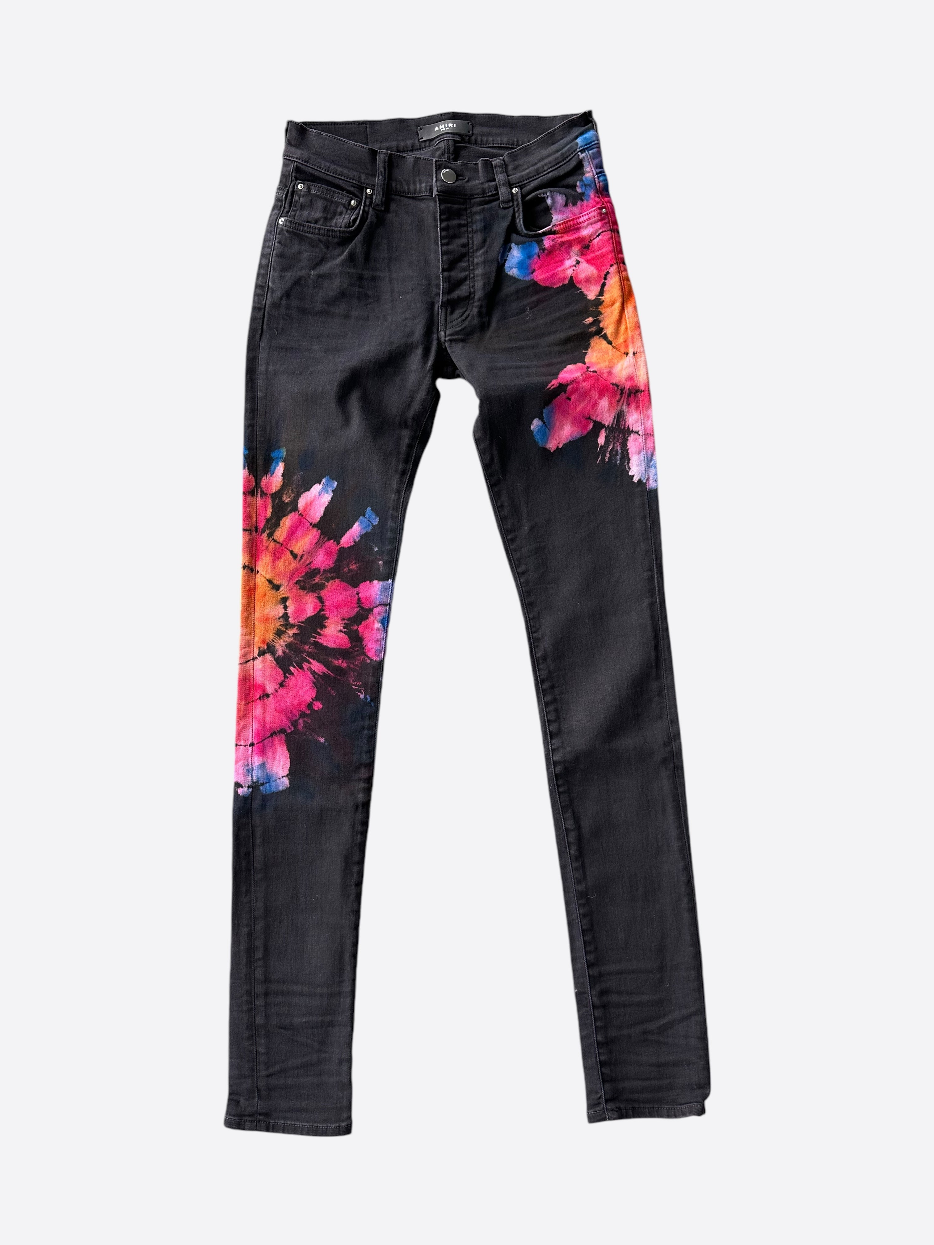 Amiri Black Multicolor Tie Dye Jeans for Men - Distressed Skinny Fit Denim Pants - Streetwear Fashion for Casual Outfits & Night Out