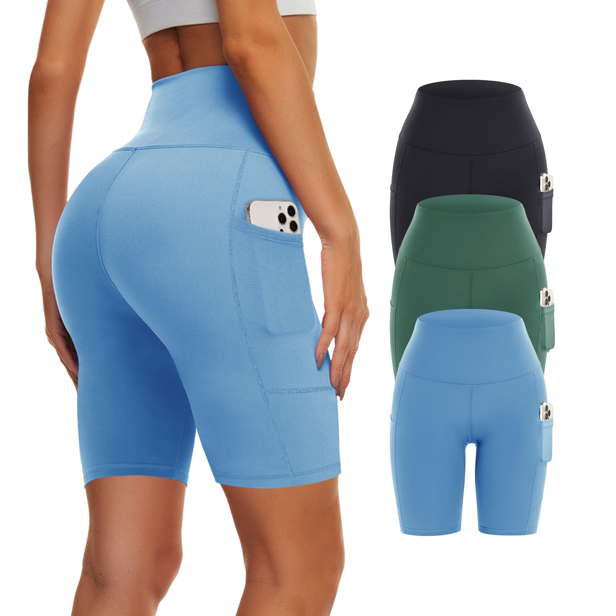 3 Pack Women's High Waist Yoga Shorts with Pockets - Tummy Control Biker Workout Shorts for Running, Gym & Cycling | Perfect for Yoga, Fitness & Active Lifestyle