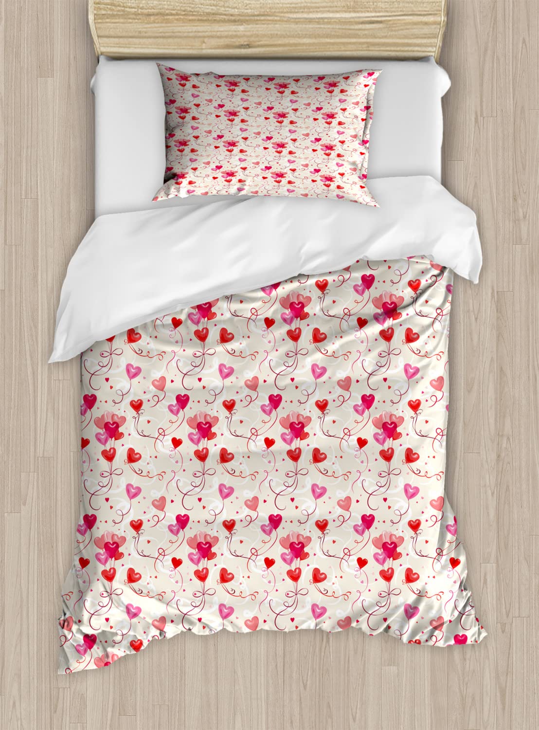 Ambesonne Valentine's Day Duvet Cover Set - Romantic Heart Balloon Print with Mini Hearts, 2-Piece Queen Size Bedding Set Includes 2 Duvet Covers & 4 Pillowcases in Eggshell Vermilion | Perfect for Couples Bedroom Decor, Anniversary Gifts & Romantic Getaways