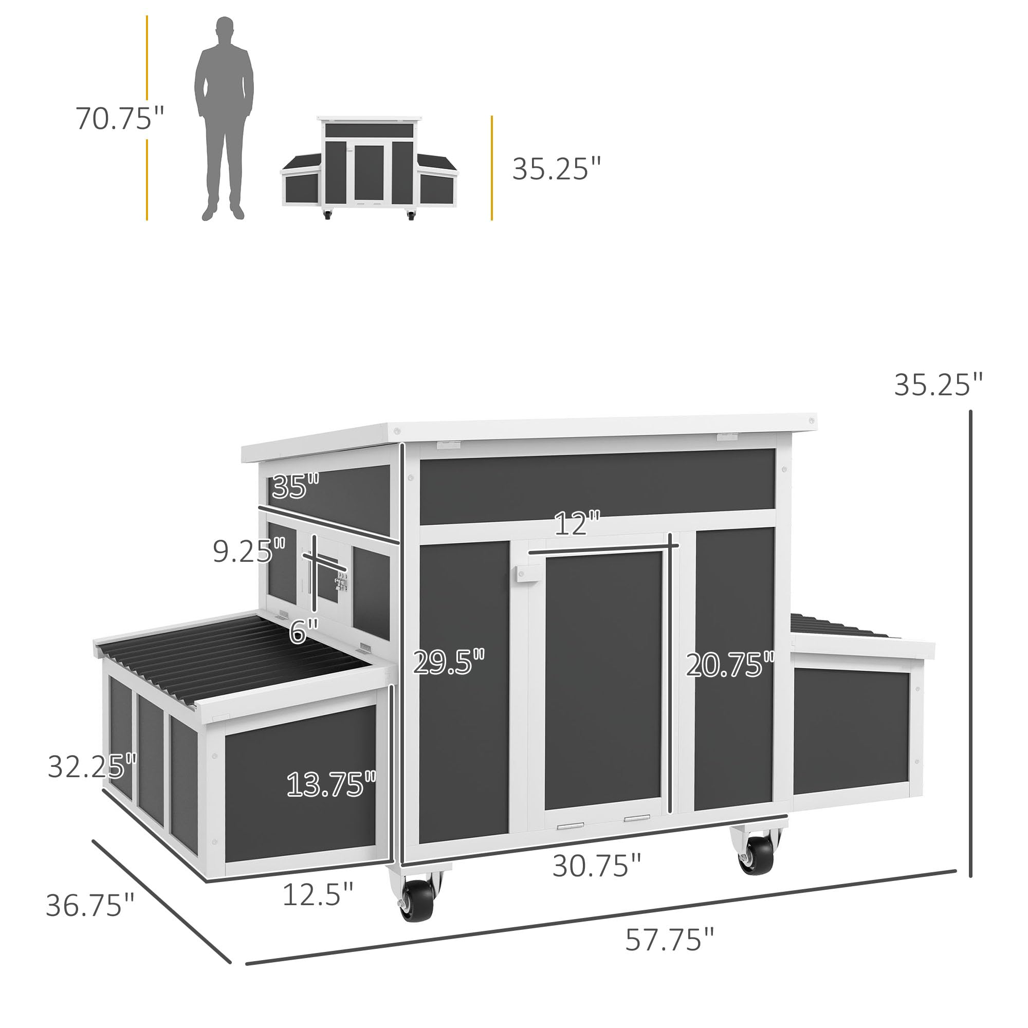 PawHut Dark Gray Wooden Chicken Coop with Nesting Box & Pull-Out Tray - Outdoor Poultry Cage for 6 Chickens, Rabbit Hutch with Perches, Ramp & Windows - Ideal for Ducks, Hens & Small Animals - Perfect for Backyard Farming & Pet Shelter