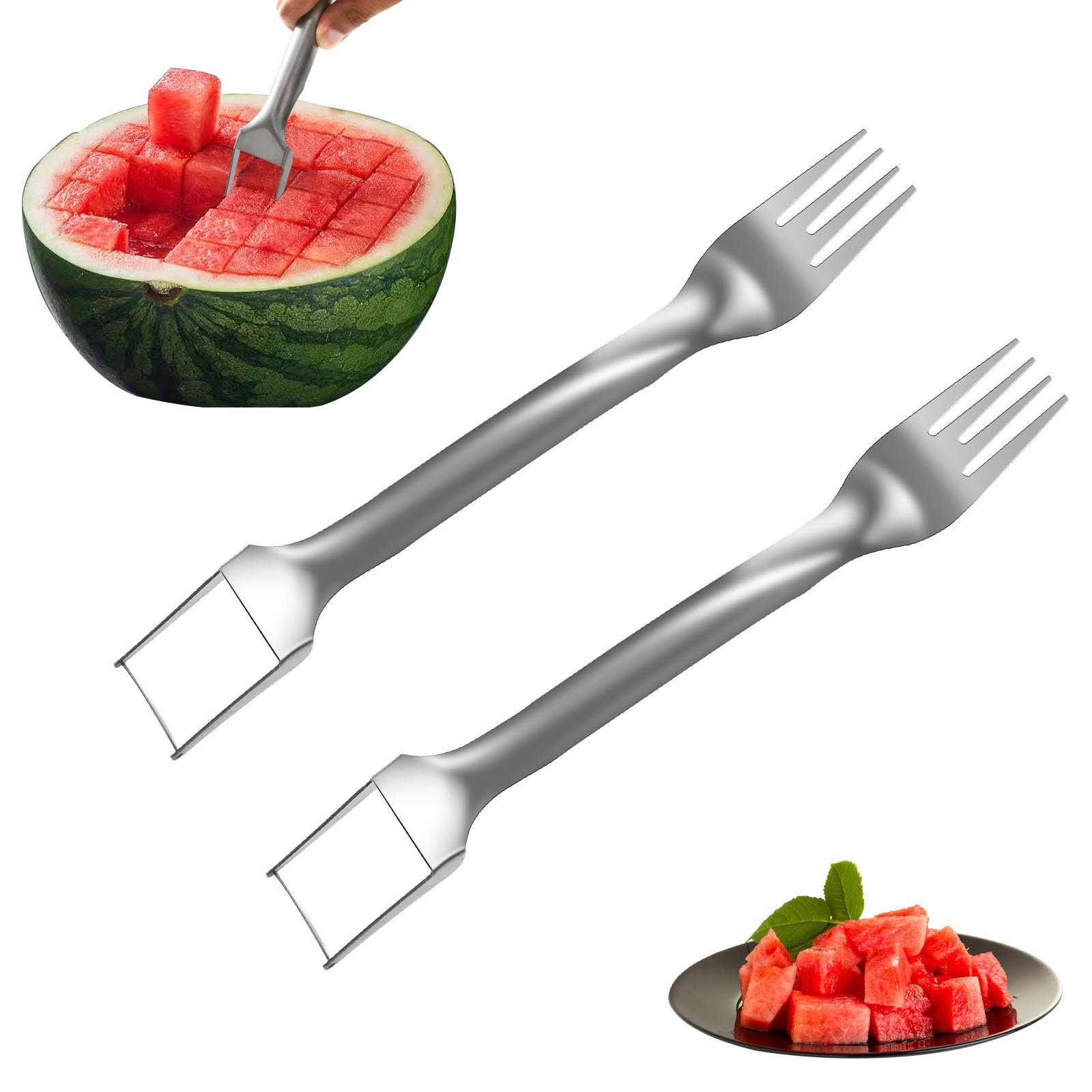 2-Pack Stainless Steel Watermelon Slicer & Fork Set - 2-in-1 Fruit Cutting Tool for Easy Slicing - Perfect for Home Kitchen, BBQ Parties, Camping Trips & Summer Picnics - Durable Kitchen Gadget for Watermelons, Melons & Large Fruits