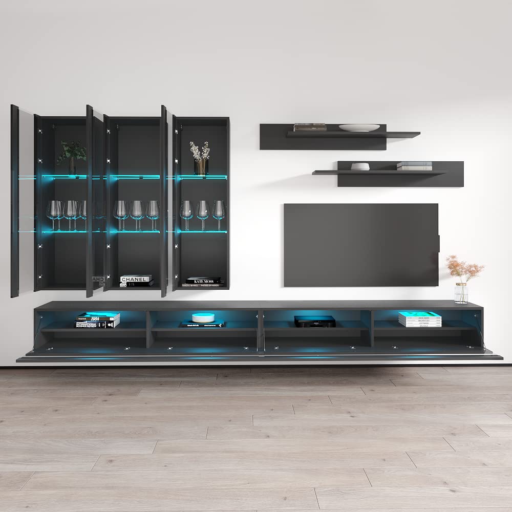 Modern Wall-Mounted TV Stand with Storage & LED Lights - Meble Fly E35 Entertainment Center for Bedroom & Living Room - Floating TV Console with Shelves (Gray) - Perfect for Small Spaces & Home Theater Setup