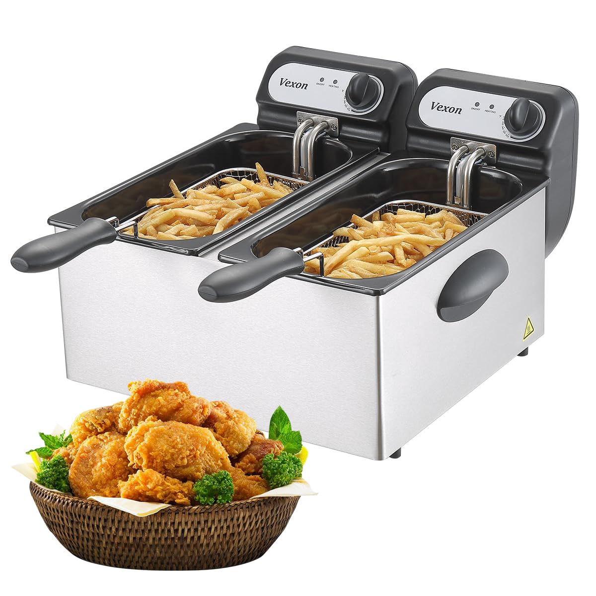 3000W Commercial Electric Deep Fryer with Baskets & Lids - 2x3L Stainless Steel Double Fryer for Restaurants, Fast Food & Home Use - Small Deep Fryer with Temperature Control & Overheat Protection - Perfect for French Fries, Chicken Wings & Seafood