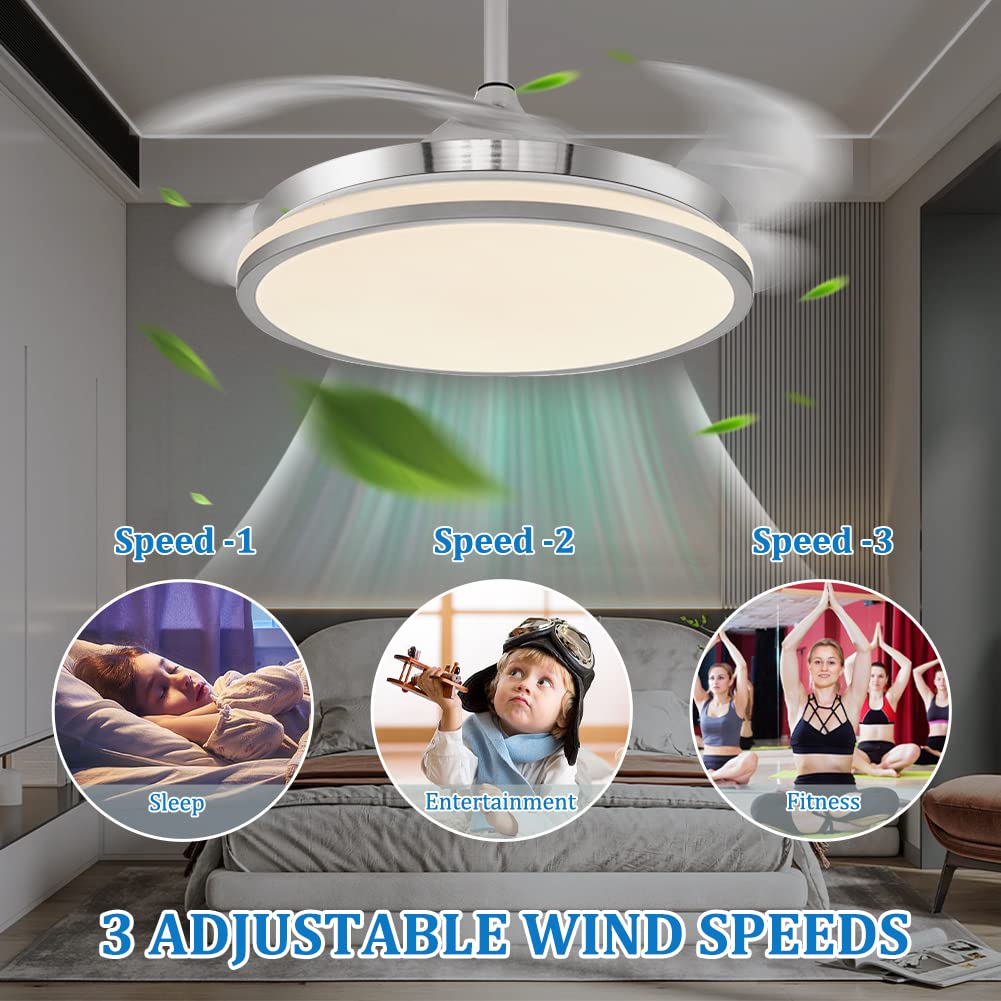 42 Inch Retractable Blade Ceiling Fan with Remote Control & LED Light - Silent Motor, Modern Chandelier Fan for Bedroom, Living Room, and Dining Room
