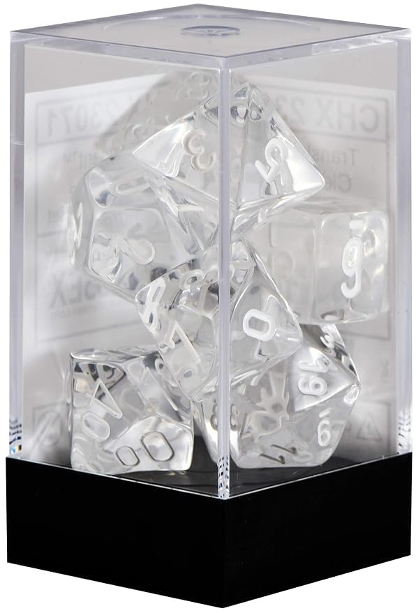 Chessex Translucent Dice Set - 7-Piece Clear with White RPG Polyhedral Dice for D&D, Pathfinder & Tabletop Gaming - 1.8 Inch Diameter