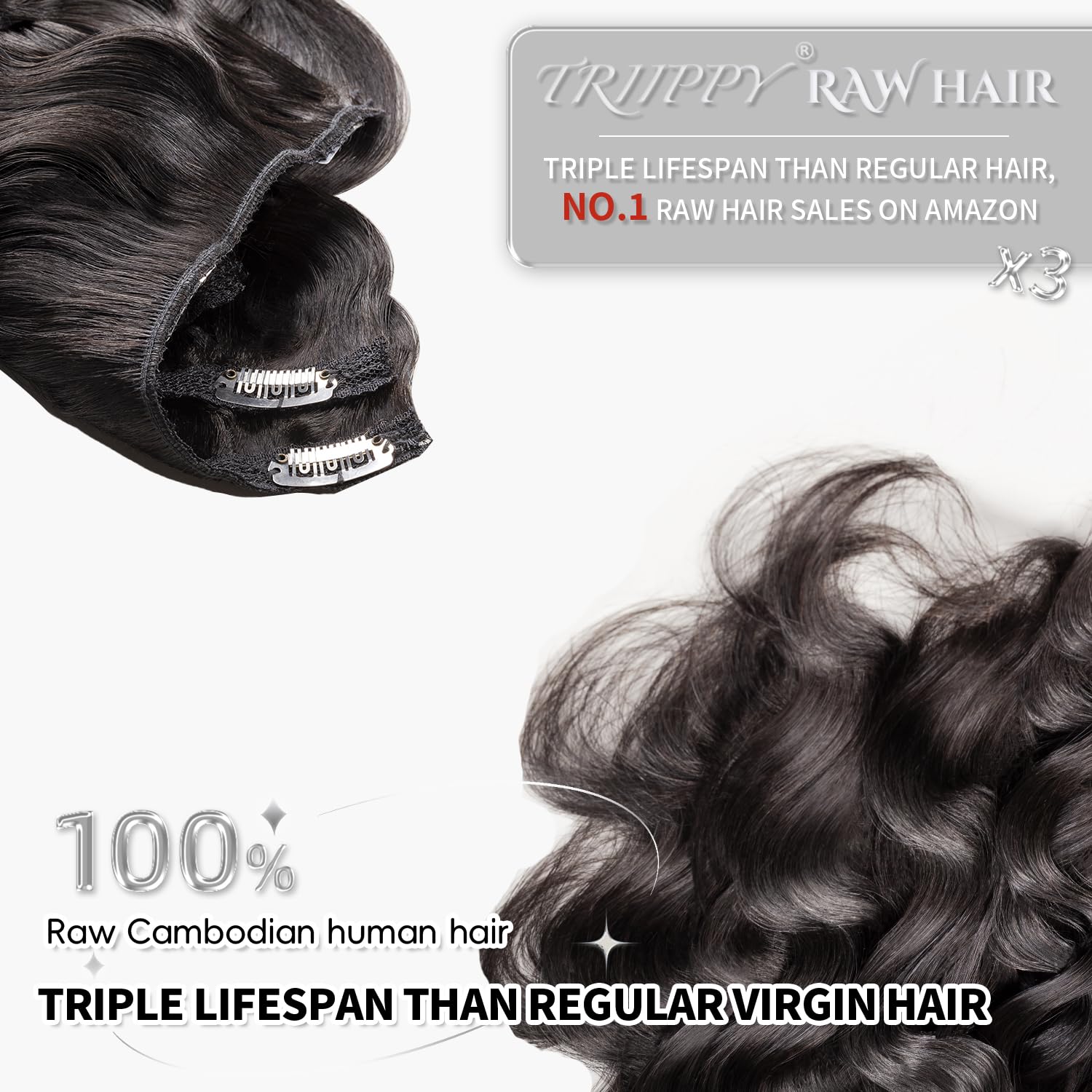 Premium TRIIPPY Clip-in Hair Extensions 22 Inch 8-Piece Set (120g) - 100% Raw Cambodian Human Hair, Body Wave, Natural Black | Triple Lifespan, Stays Smooth & Silky | Perfect for Daily Wear, Parties, Weddings & Special Occasions