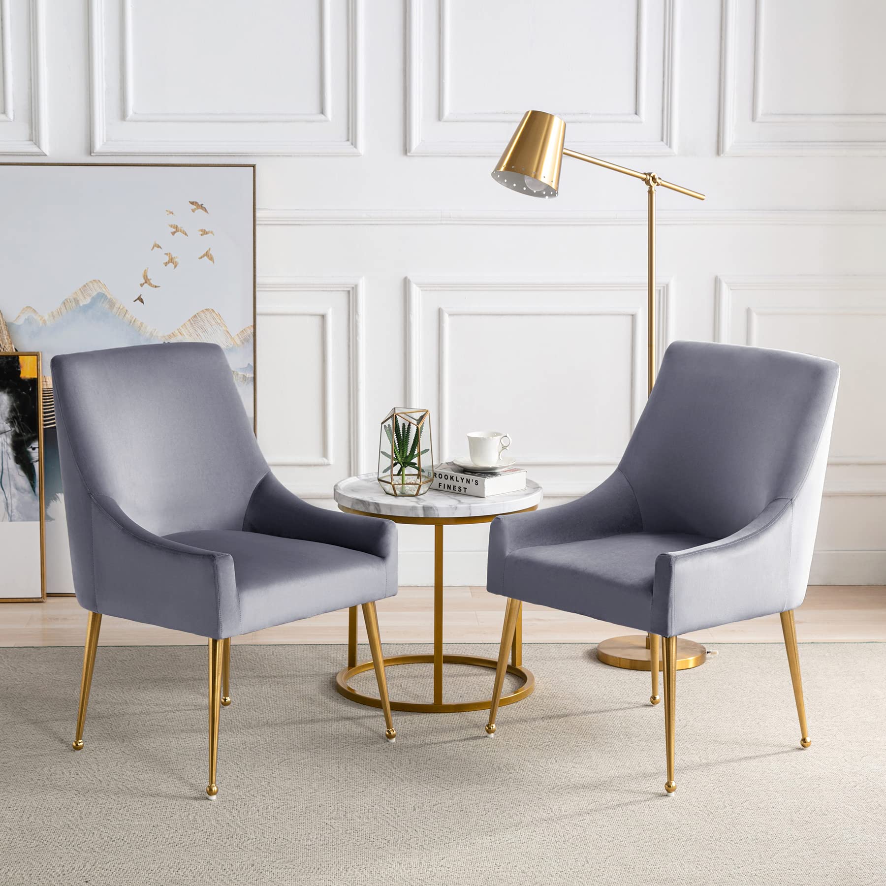Oryxearth Mid Century Modern Velvet Dining Chairs Set of 2 - Upholstered Accent Chairs with Gold Legs for Dining Room, Kitchen, Living Room, Bedroom & Cafe - Soft Grey Performance Fabric - Perfect for Home Decor, Entertaining & Small Spaces