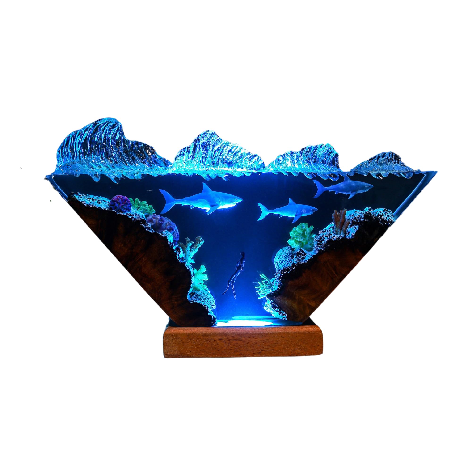 Epoxy Resin Ocean Table Lamp - Great White Shark & Diver Night Light, 12x6 Inch Deep Blue Sea Decor, Custom Personalized Valentine's Gift for Him or Her - Perfect for Bedroom, Living Room & Office Nightstand Lighting