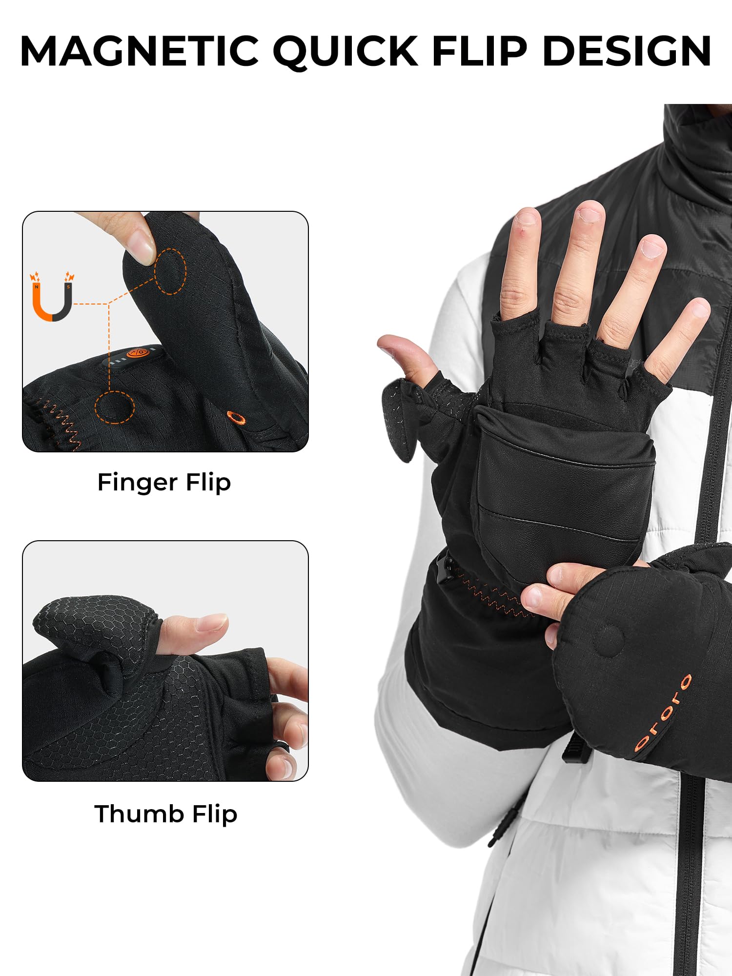 ORORO Heated Convertible Mittens with PrimaLoft Insulation - Fingerless Flip Top Winter Gloves for Men & Women (Charger Not Included) | Perfect for Skiing, Snowboarding, Hiking & Outdoor Activities in Cold Weather