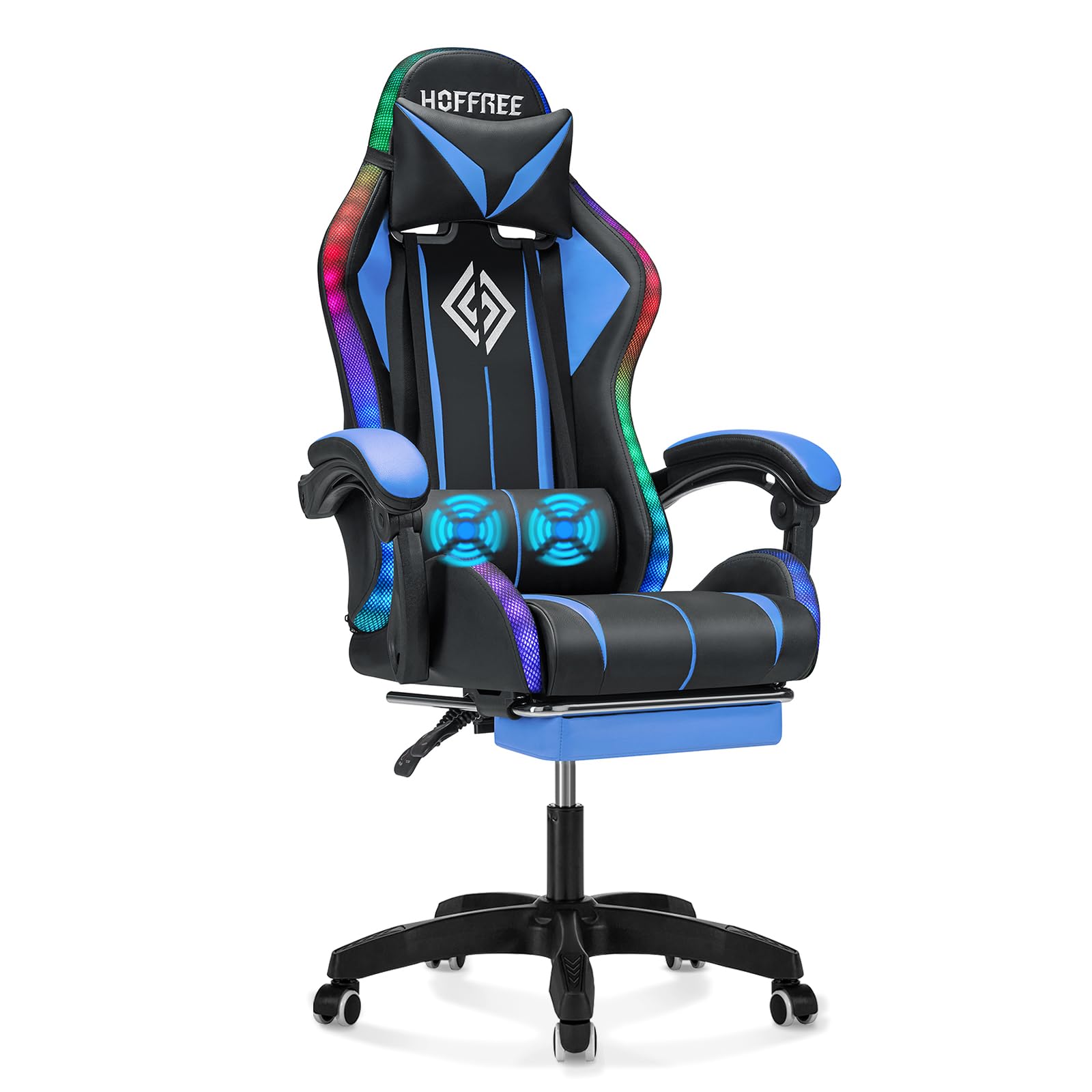 Ergonomic Gaming Chair with Massage, LED Lights & Adjustable Lumbar Support - High Back Computer Chair with Footrest for PC & Console Gamers - Perfect for Esports, Streaming & Home Office (Blue & Black)