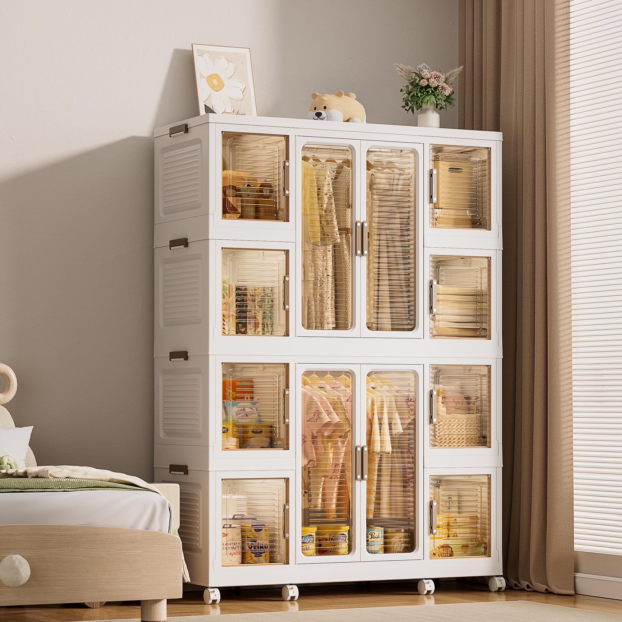 Large Portable Kids Wardrobe Closet with Doors - Collapsible Baby & Children's Clothing Organizer with Transparent Panels | Perfect for Nursery, Bedroom & Living Room Storage | Durable Plastic Construction