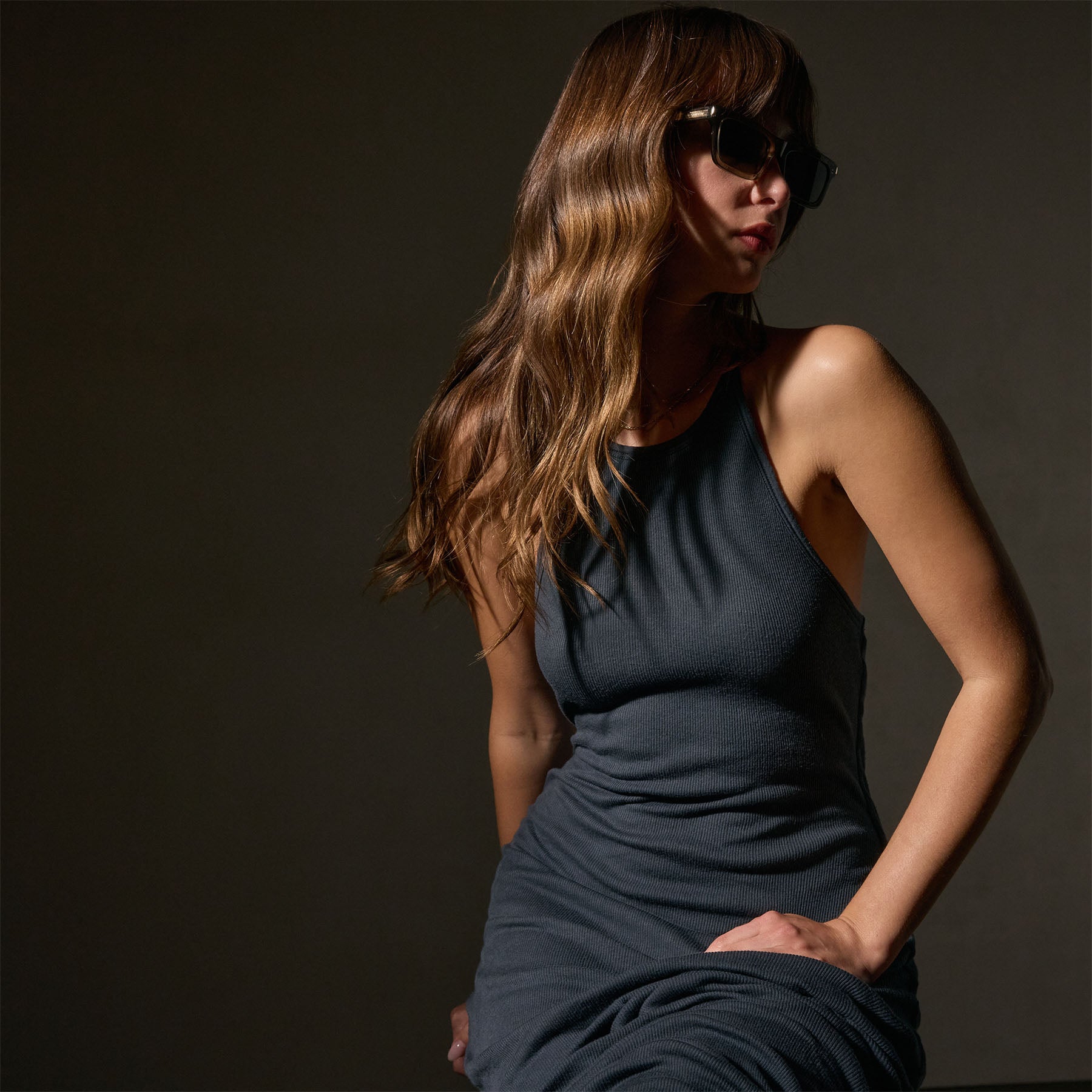 Soft Cotton Cashmere Ribbed Racer Back Tank Dress for Women - Comfortable & Stylish Asphalt Gray - Perfect for Casual Wear, Summer Outfits and Layering