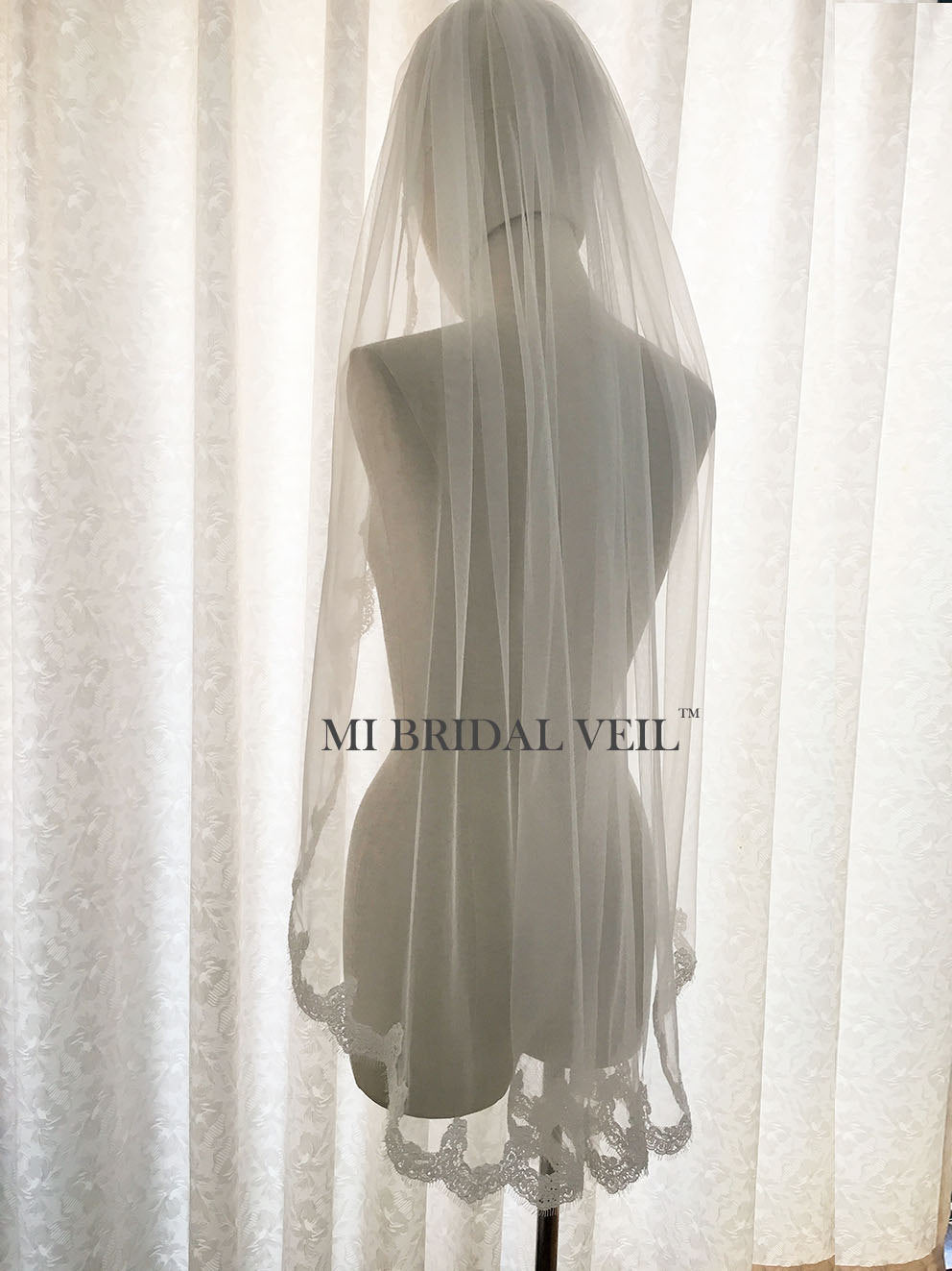 Elegant Lace Wedding Veil with Small Eyelash Trim - Fingertip Length Single Tier Bridal Veil for Romantic Ceremonies & Photo Shoots | Mi Bridal Collection