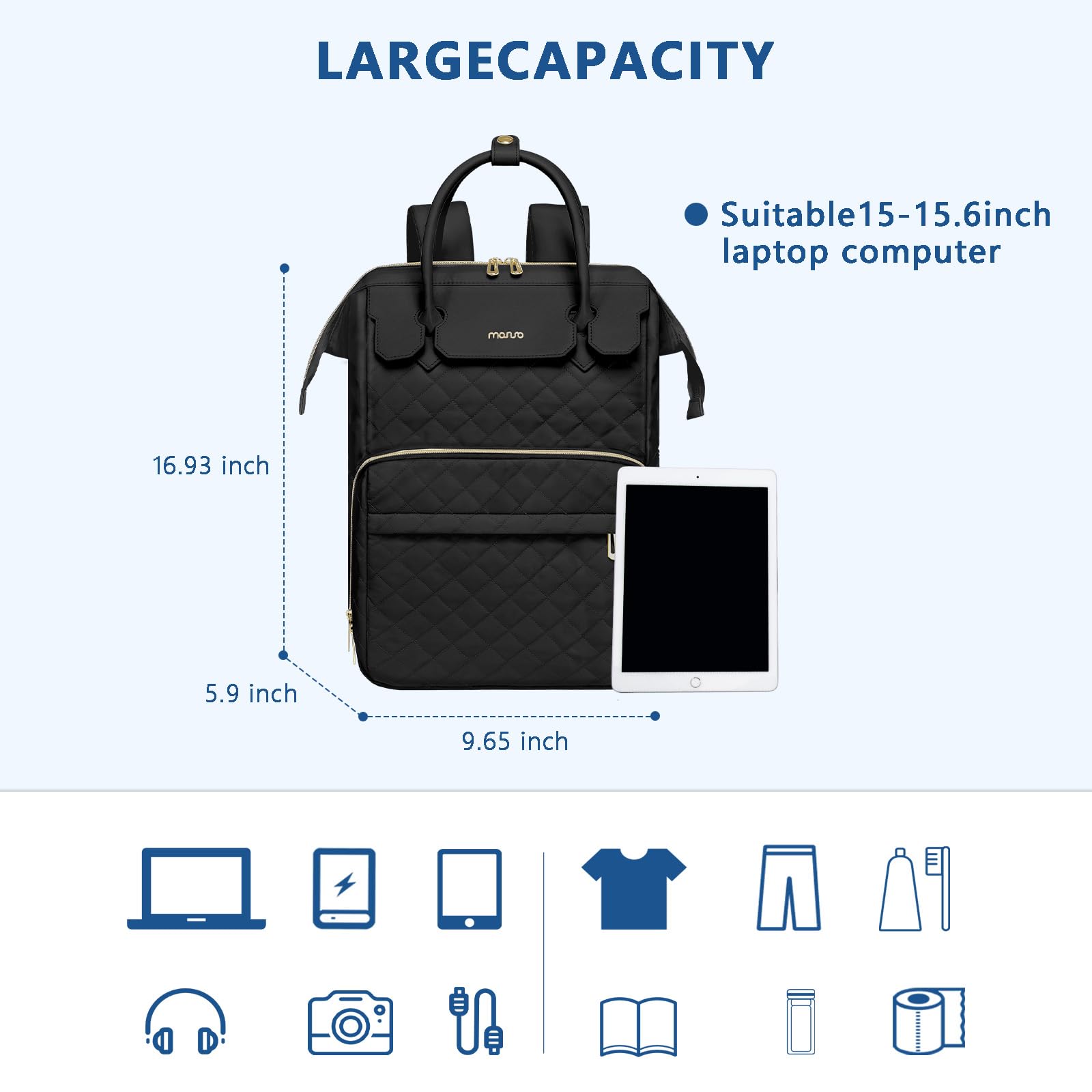 MOSISO 15.6 Inch Laptop Backpack for Women & Men - Stylish Rhombus Quilted USB Charging Travel Backpack with PU Handle, TSA Approved Carry-On Daypack for College, Work & Business - Perfect for Commuting, Air Travel & Daily Use (Black)