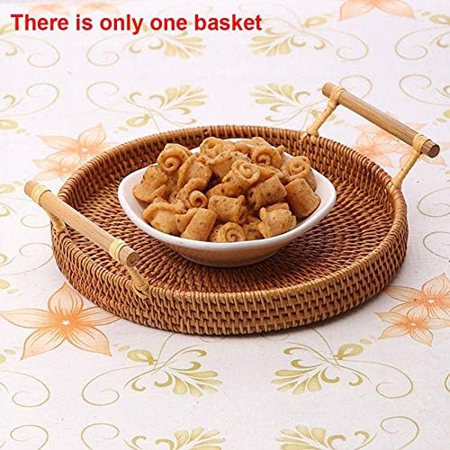Hand-Woven Rattan Storage Basket with Handle - Round Wicker Tray for Bread, Fruits & Food Display - Perfect for Kitchen Countertop, Dining Table & Breakfast Serving