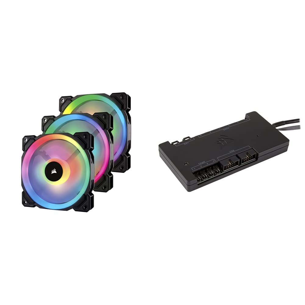 Corsair LL120 RGB 120mm PWM Fan 3-Pack with Lighting Node Pro & iCUE Commander PRO - Dual Light Loop LED, Smart RGB Lighting & Fan Speed Control for PC Gaming, Case Cooling & Custom Builds