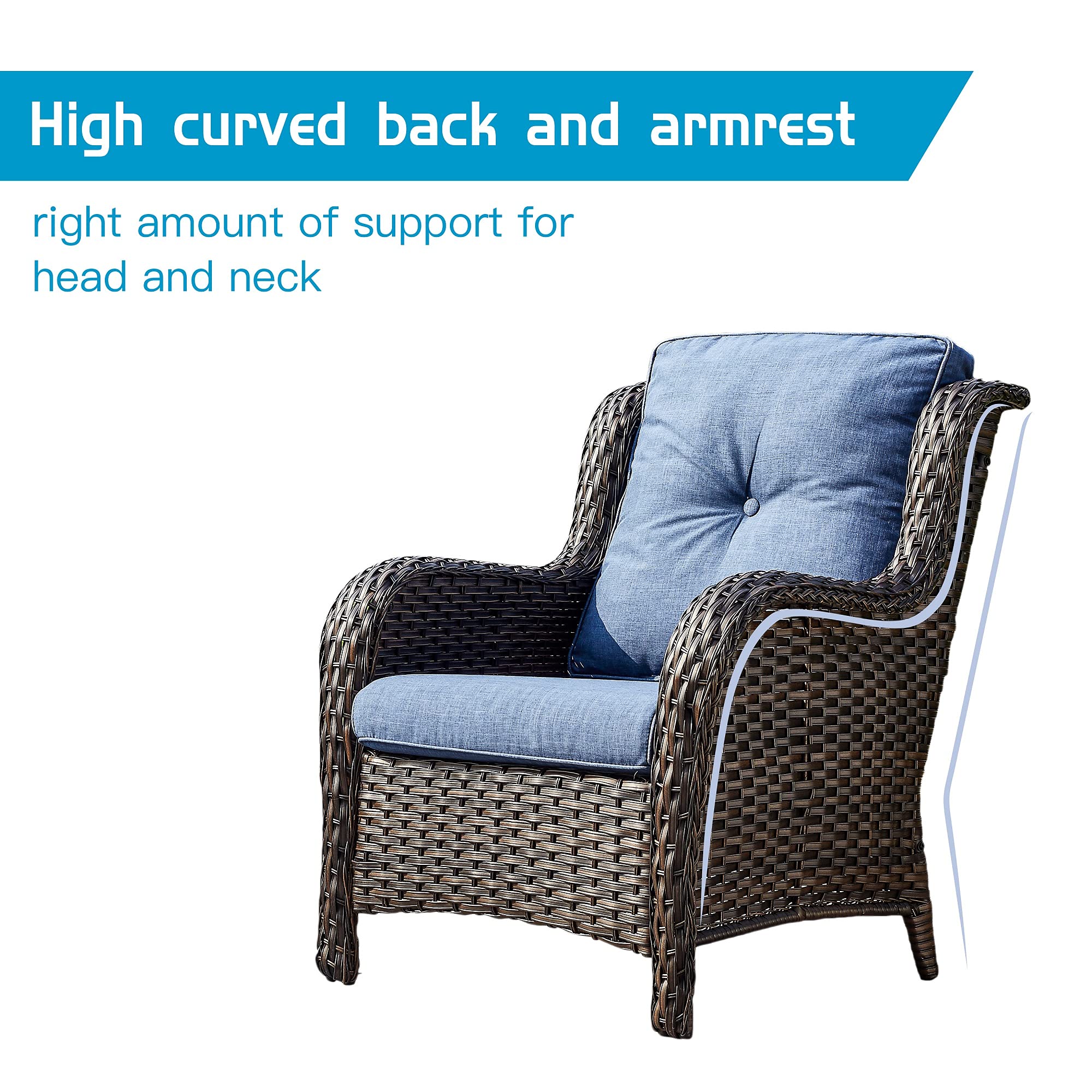 5-Piece Outdoor Patio Furniture Set - Rattan Wicker Sectional Sofa with 3-Seat Couch, 2 Armchairs & 2 Ottoman Footrests - Brown/Blue - Perfect for Garden, Backyard, Poolside & Outdoor Conversations