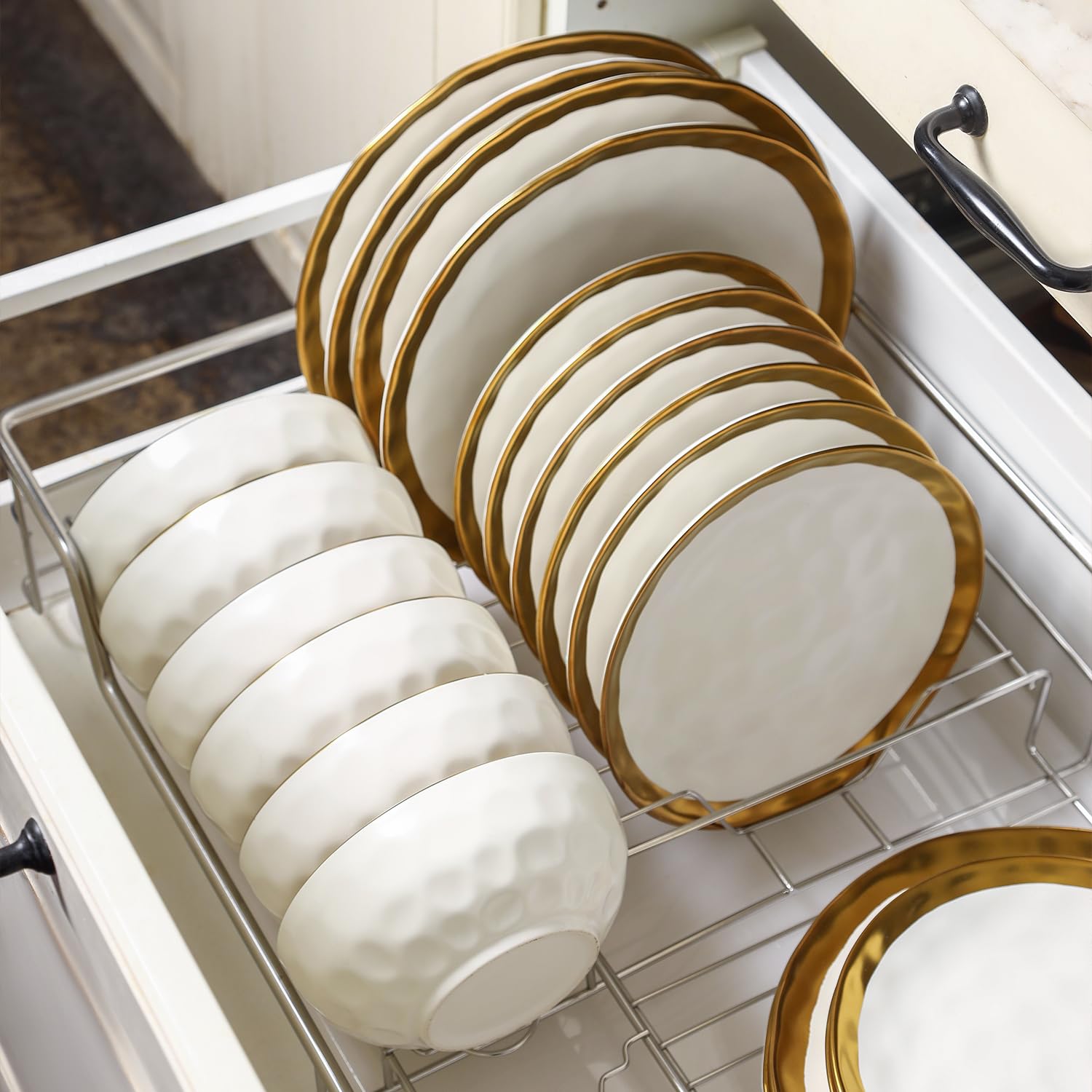 Vicrays 8 Inch Ceramic Dessert Salad Plates Set of 6 - Round Scratch Resistant Dishwasher Safe Appetizer Plates for Home & Restaurant Use - Elegant White with Gold Trim - Perfect for Dinner Parties, Weddings & Holiday Gatherings