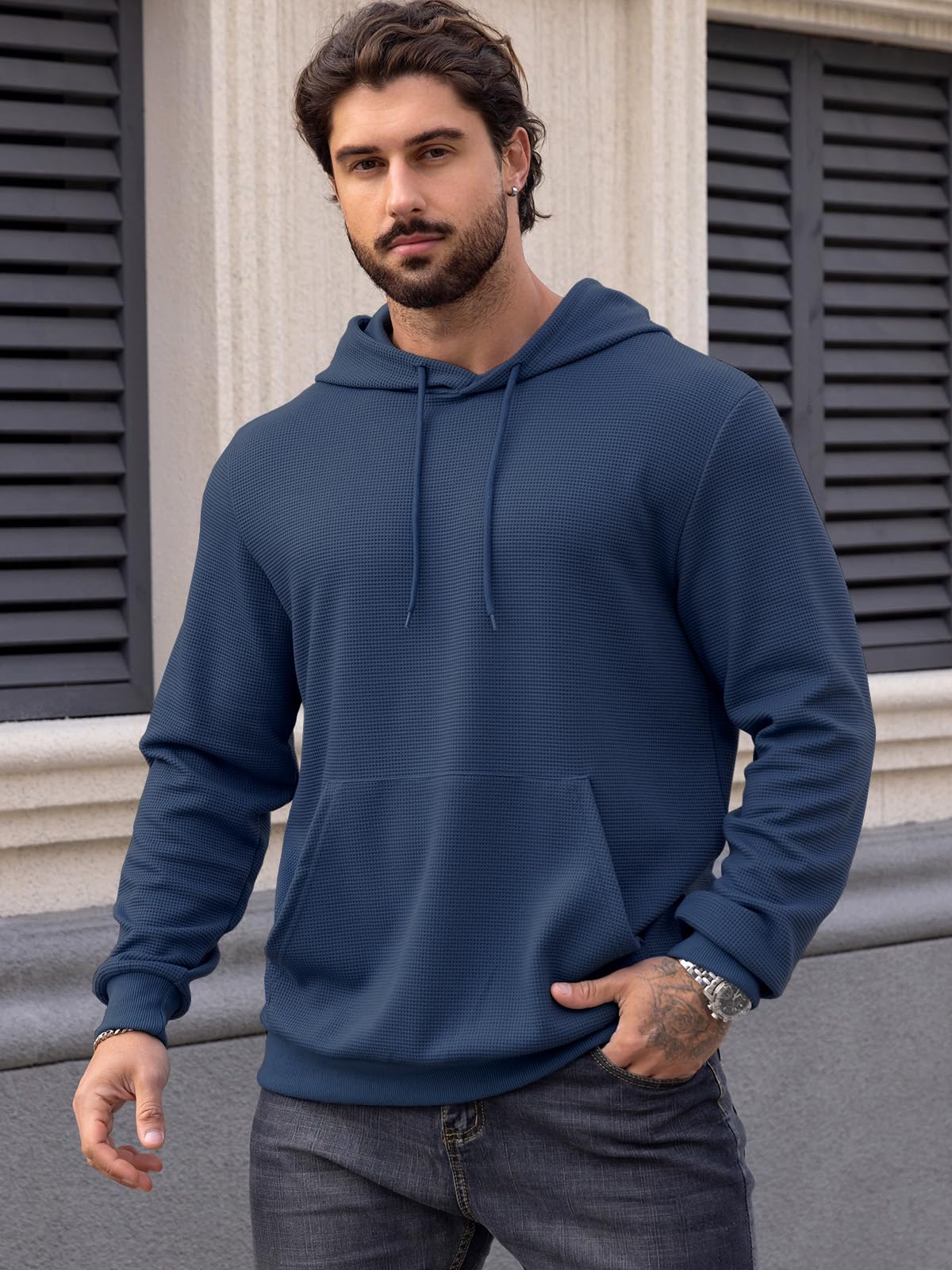 MANSDOUR Men's Casual Long Sleeve Waffle Knit Hoodie with Drawstring & Pocket - Warm Pullover Sweatshirt for Outdoor Activities, Streetwear & Lounge Wear