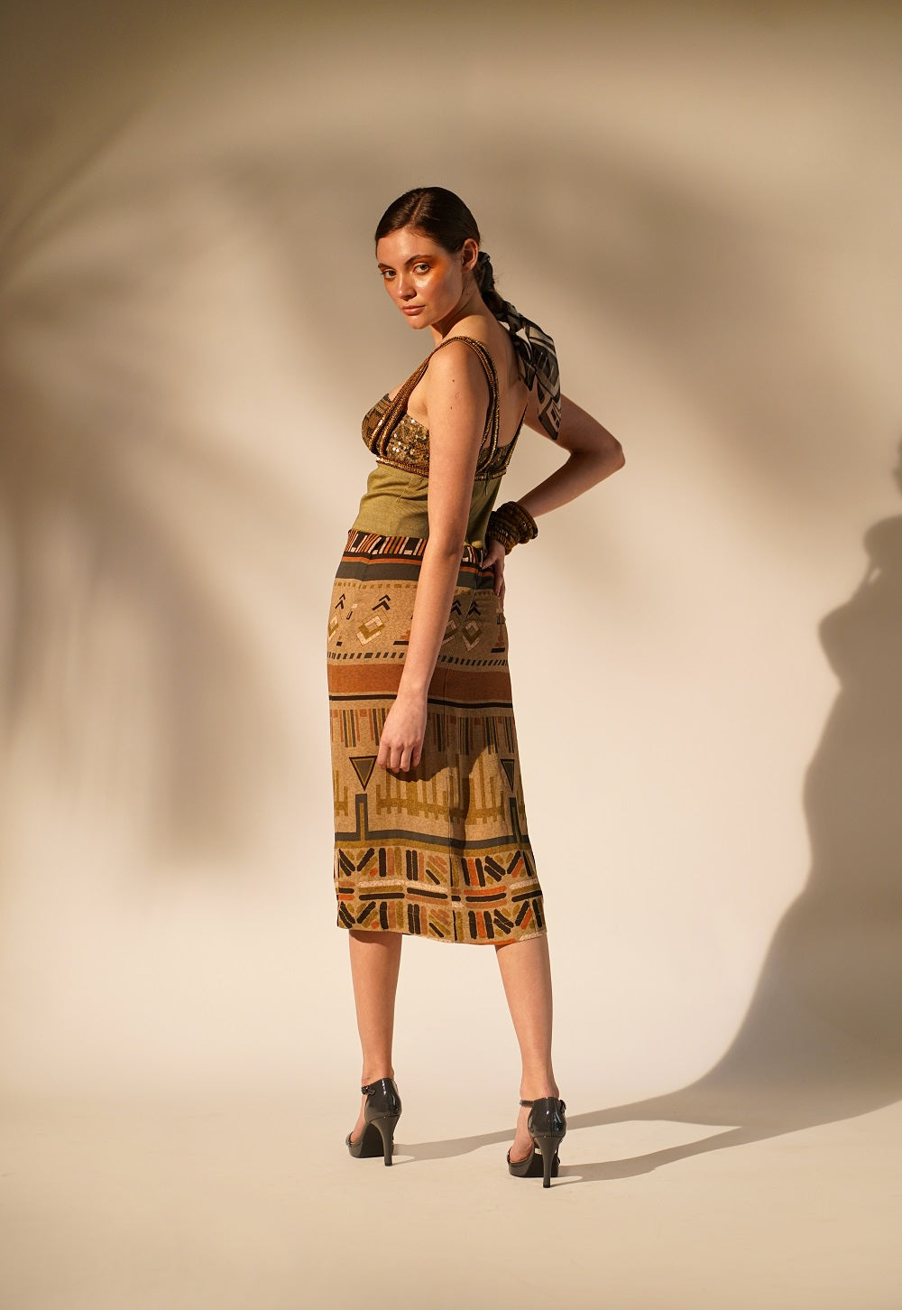 Stylish Green Aztec Print Rib Dress with Hand Thread & Wooden Embellishments - Perfect for Boho Chic Outfits, Festivals, and Summer Parties