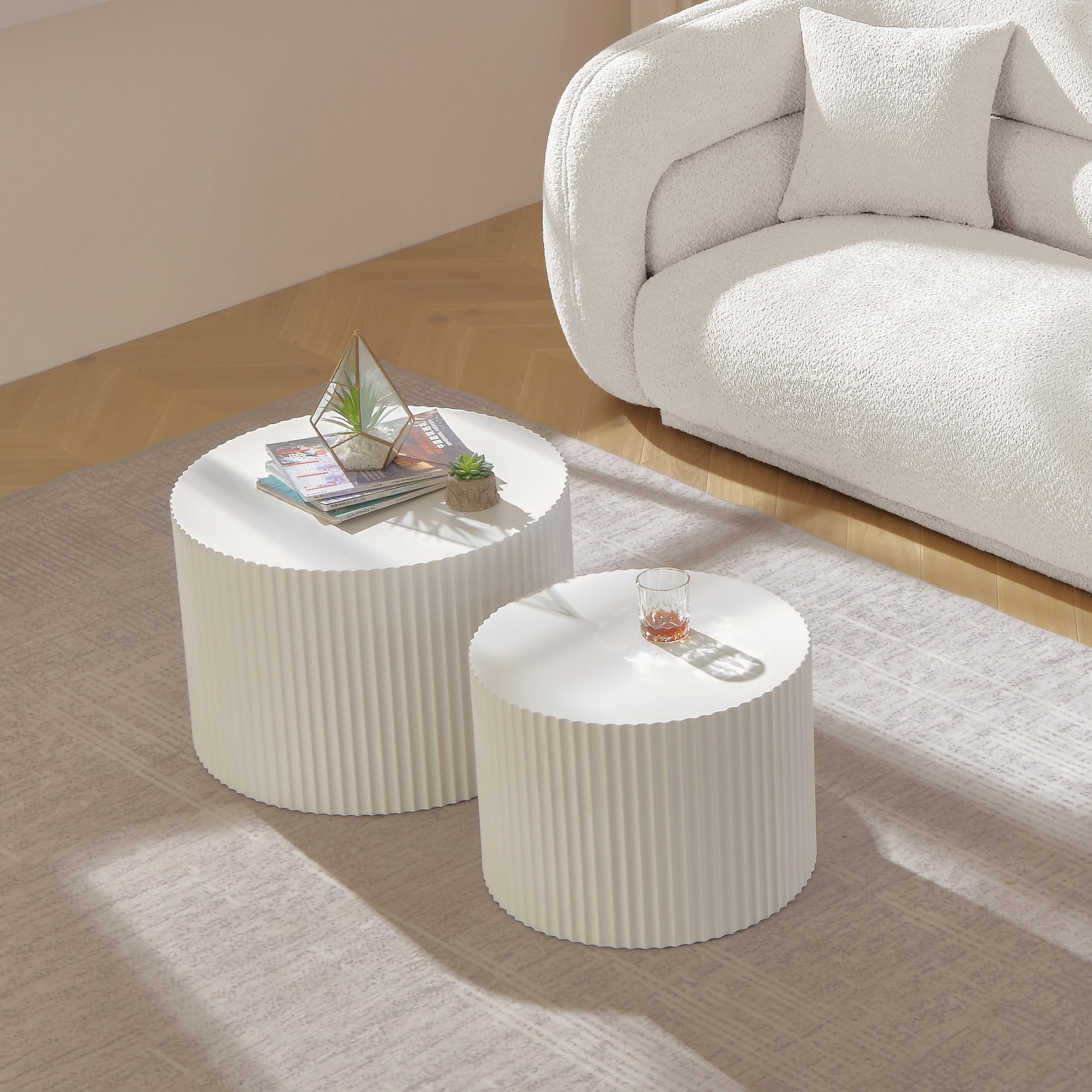 Modern Round Nesting Coffee Table Set of 2 - White MDF Side & End Tables for Living Room, Small Space Furniture - Perfect for Compact Apartments, Dorms & Cozy Home Decor