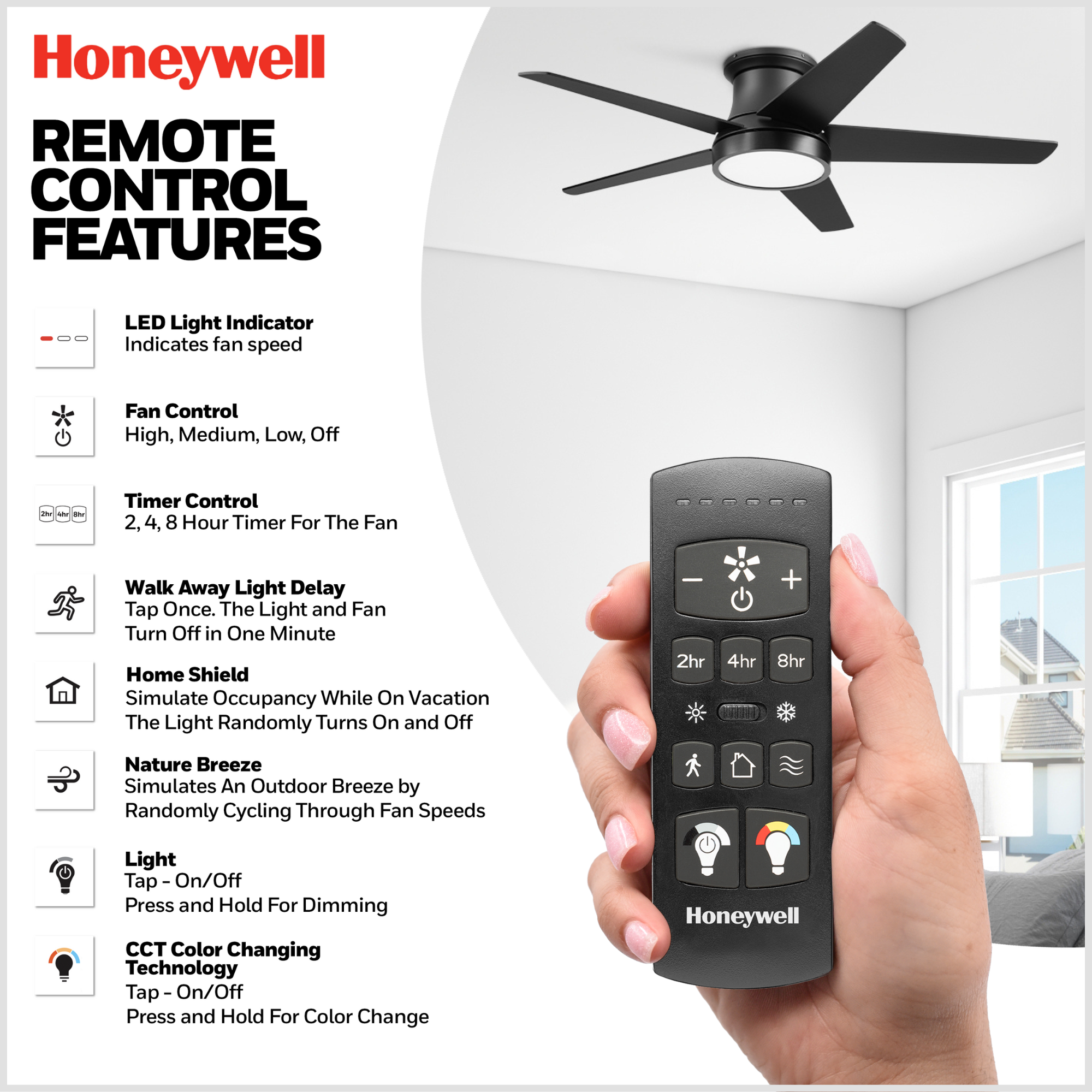 52 Inch Honeywell Tynesdale Matte Black Ceiling Fan with Color Changing LED Light & Remote Control - Perfect for Living Room, Bedroom, and Outdoor Patio Cooling