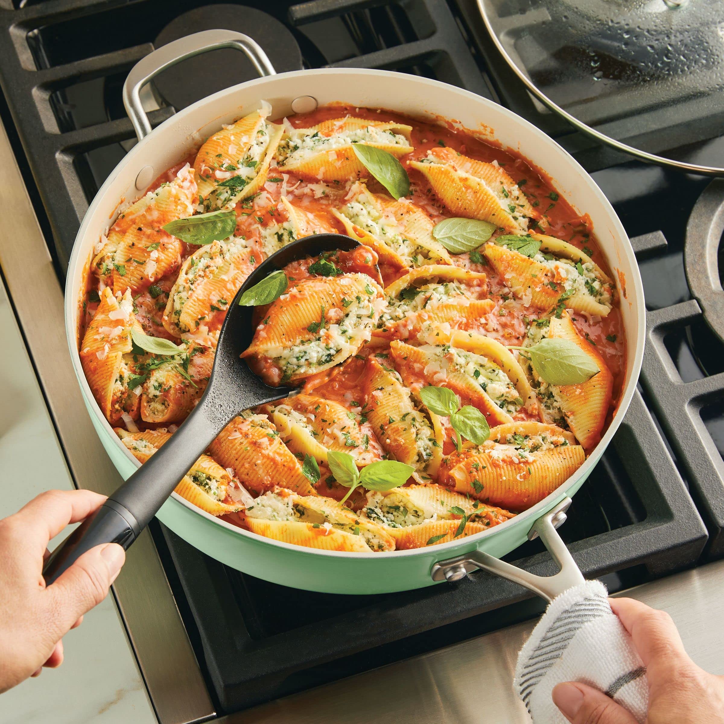 KitchenAid 5-Quart Nonstick Sauté Pan - Hard Anodized Ceramic Cookware with Shatter-Resistant Glass Lid & Riveted Handle - Even Heat Distribution, Oven Safe to 500°F, Easy to Clean - Pistachio Green - Perfect for Sautéing, Frying, and Simmering in Modern Kitchens