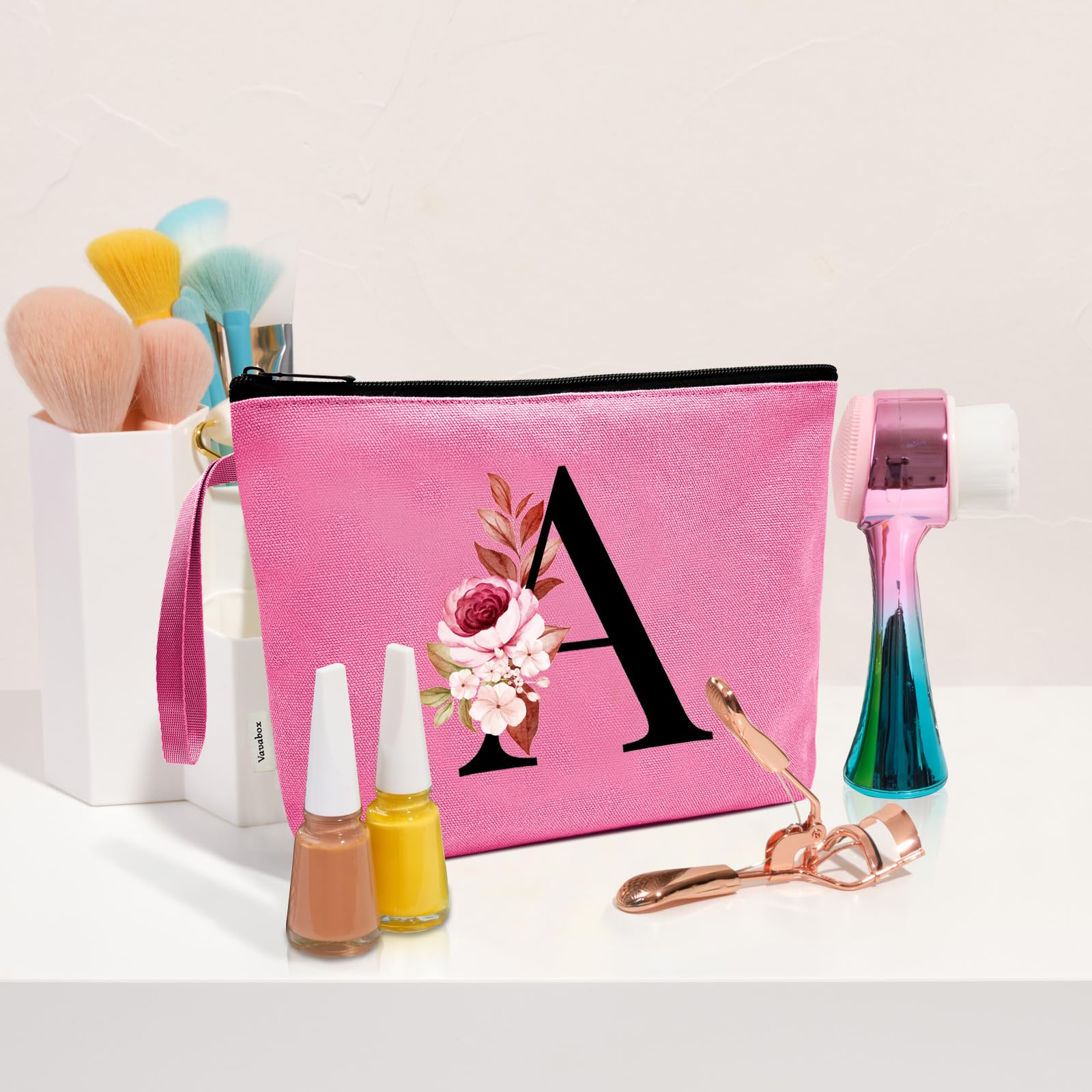 Vavabox A-Z Personalized Makeup Bag - Peach Cosmetic Organizer for Women, Mom, Best Friend, Bride & Bridesmaids - Perfect Birthday Gift for Travel, Gym & Daily Use