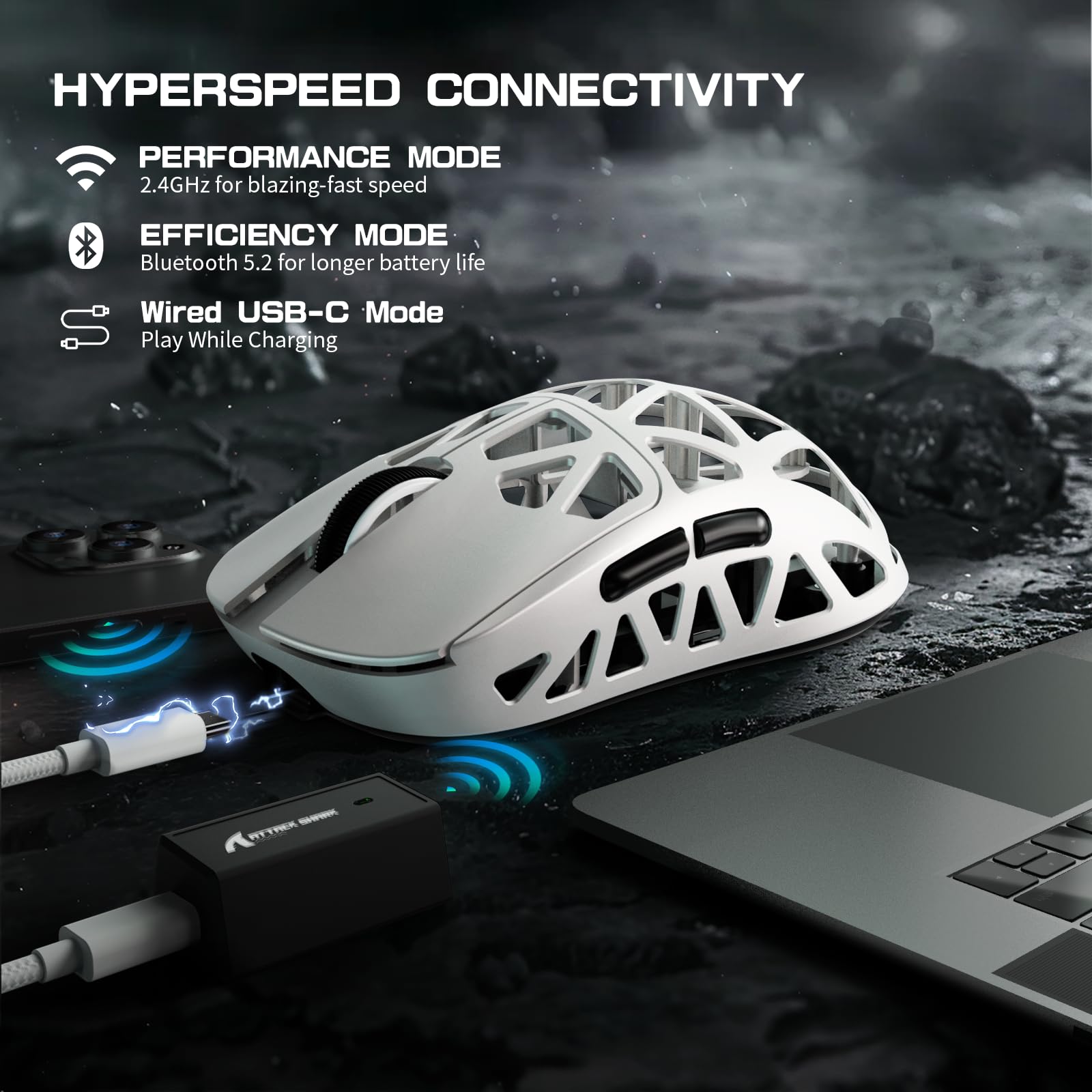 Attack Shark R2PRO 45g Ultra-Light Magnesium Alloy Gaming Mouse - PAW3950 Sensor, 42000DPI, 8000Hz Wireless, Tri-Mode (2.4G/Bluetooth/Wired), Programmable Buttons, Coiled Cable - Compatible with PC/Mac (White) - Perfect for Esports, FPS, MOBA & Office Work