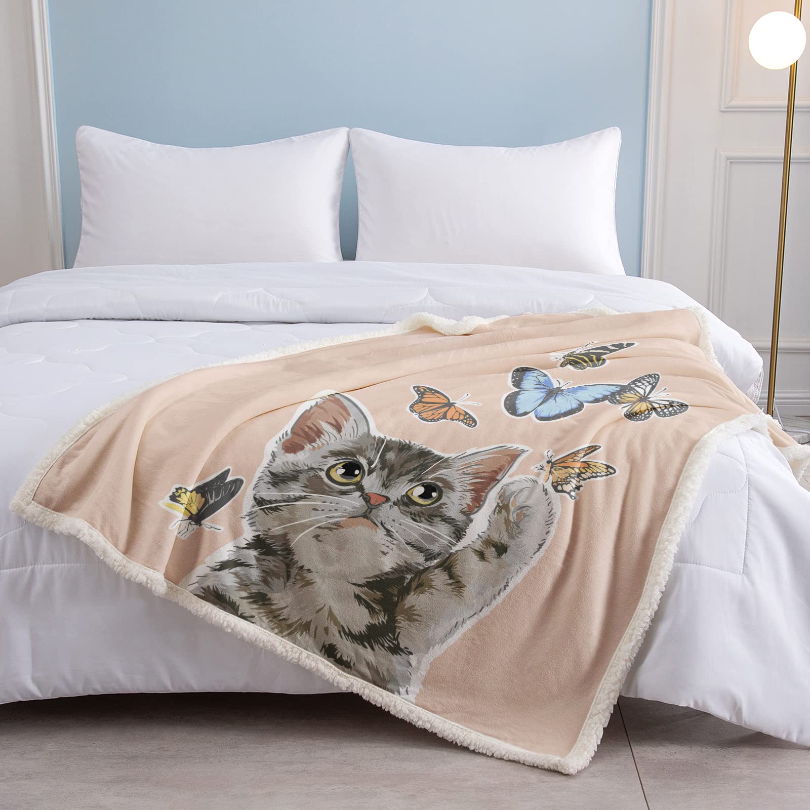 SOULZZZ Light Pink Sherpa Cat Blanket Queen Size - Soft Fluffy Plush Throw for Teens & Adults, Cute Persian Cat & Butterflies Design - Perfect for Bed, Couch, Nap, Gift for Cat Lovers (30x40 Inches) - Cozy Home Decor, Movie Nights & Winter Warmth