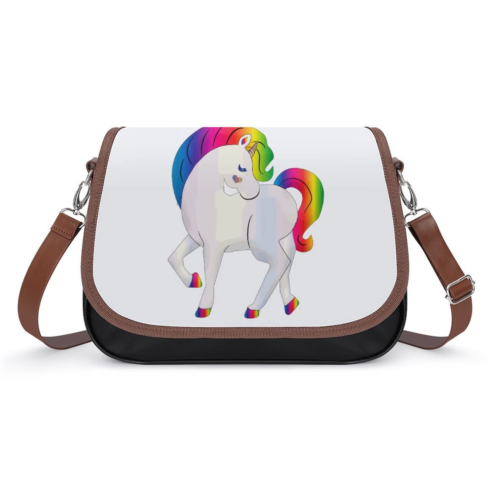 Vintage Leather Crossbody Bag for Women - Cartoon Horse Rainbow Print for Daily Use