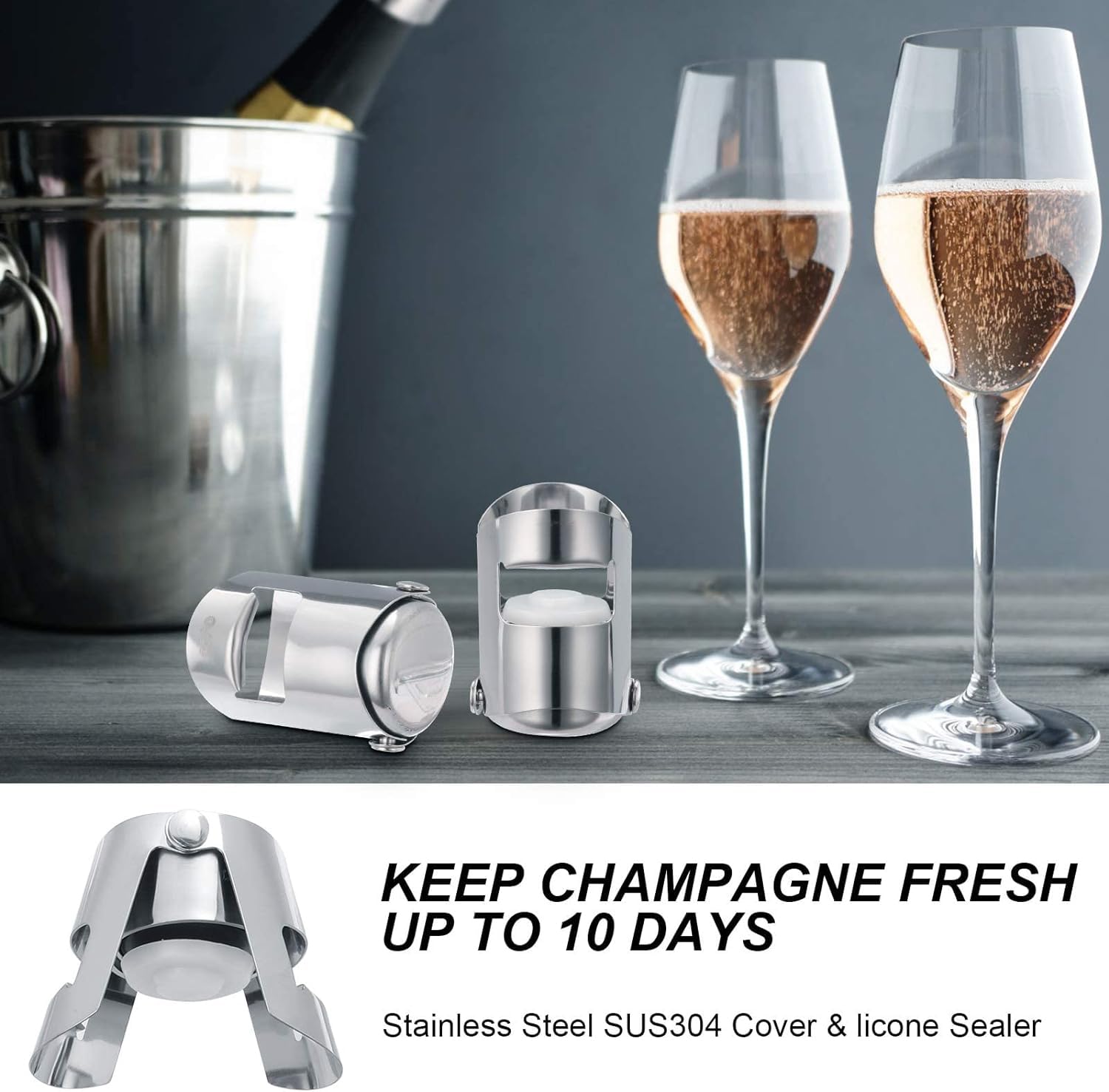 Premium Stainless Steel Champagne Sealer Stopper - 2-Pack Sparkling Wine Bottle Plug with Extended Seal | Ideal for Parties, Weddings & Home Use | Elegant Silver Wine Accessory Gift Set
