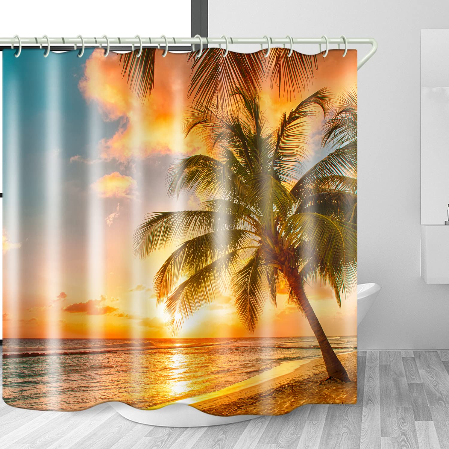 Waterproof Shower Curtain Set with Natural Beach Coconut Tree Print - Polyester Fabric Bathroom Curtain with Hooks & Liners - Coastal Decor for Bathroom, Bathtub, and Toilet Accessories - Perfect for Beach-Themed Bathrooms and Spa-Like Showower Experience