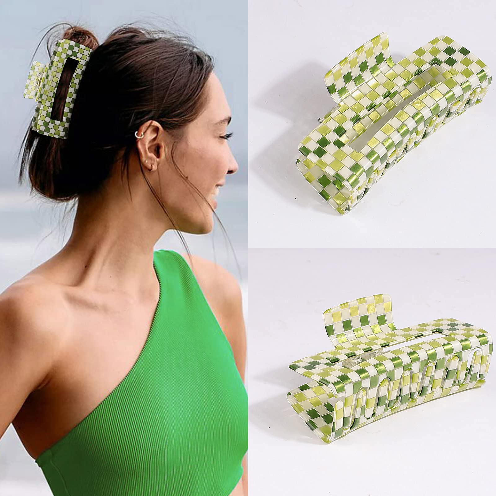 Large Checkered Claw Hair Clips for Thick Hair - 2pcs 4 Inch Rectangle Y2K Fashion Hair Accessories in Pink Green Checkerboard | Perfect for School, Parties and Everyday Styling