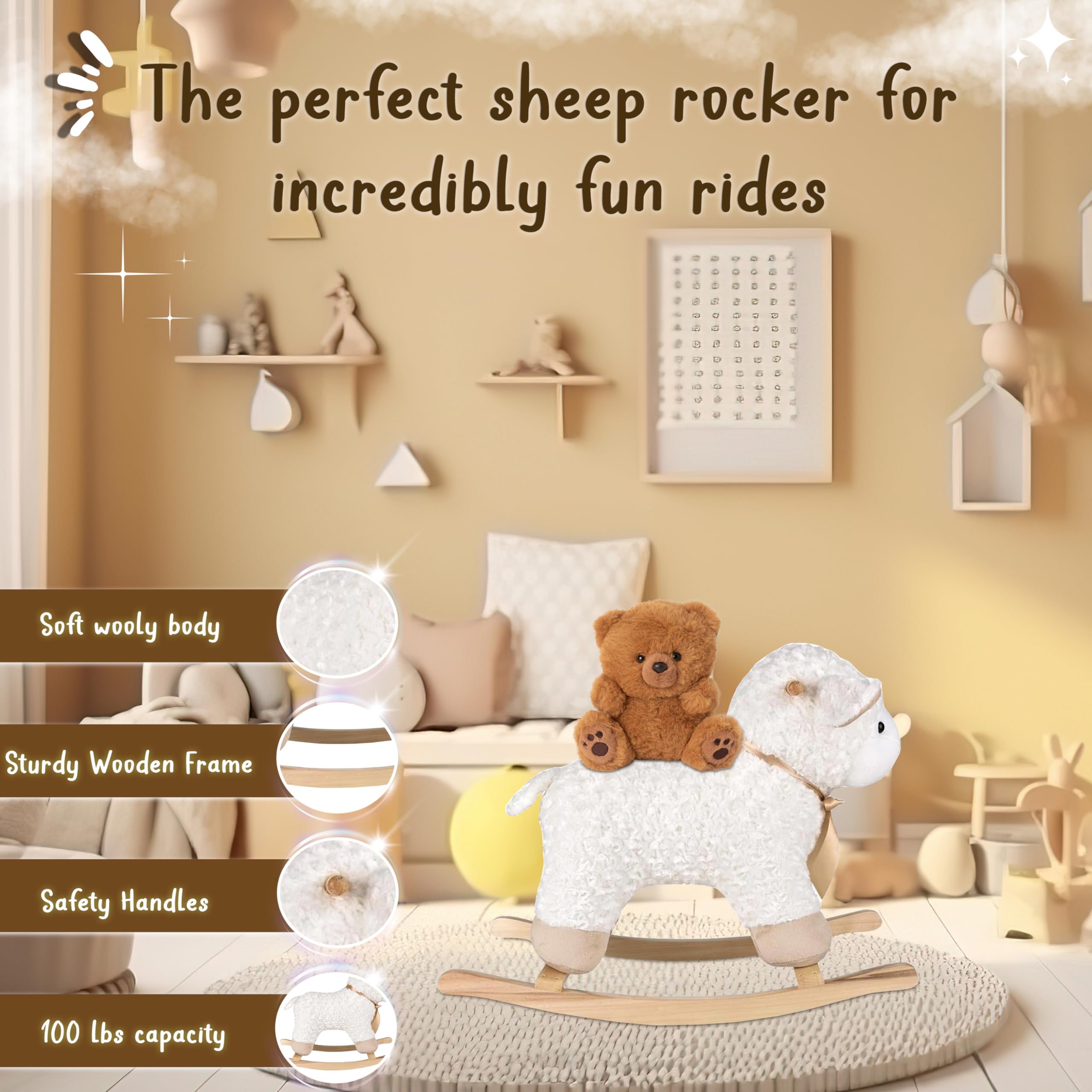 Forest & Twelfth Rocking Shiloh Sheep Ride-On Toy - Soft Stuffed Animal Rocker for Toddlers 18+ Months | Safe & Fun Nursery Decor, First Birthday Gift, Interactive Playtime Companion for Boys & Girls