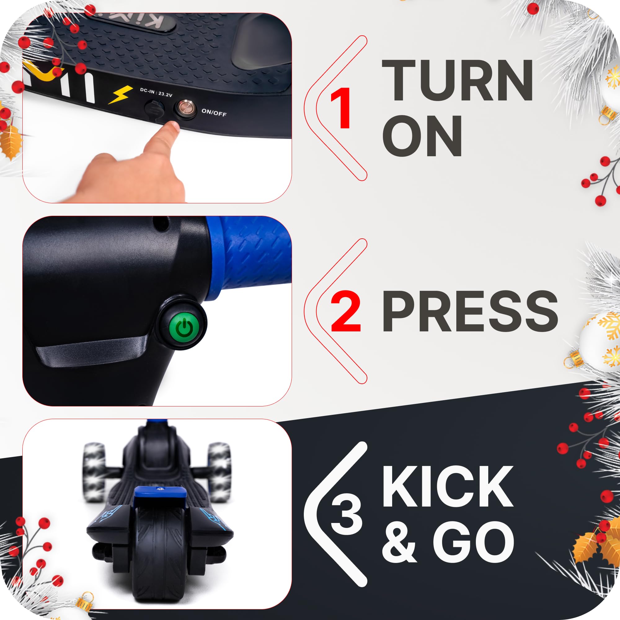 Kimi 3 Wheel Electric Scooter for Kids Ages 2-9 - Safe LED Light Up Wheels & Front Light, Foldable E-Scooter with 10 Mile Range - Perfect for Boys & Girls Outdoor Play, Commuting to School, and Neighborhood Rides