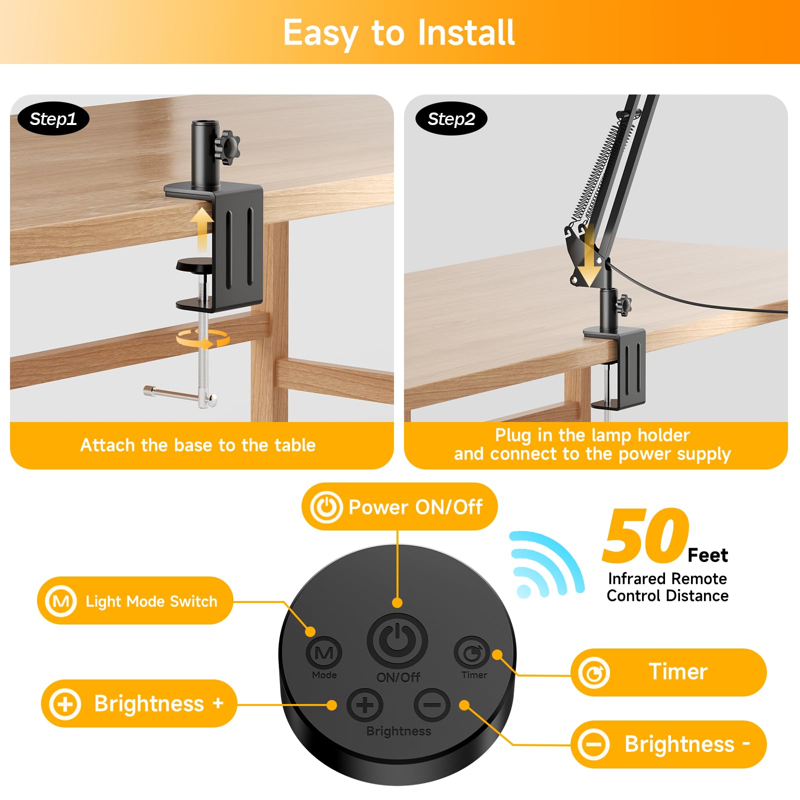 SKYLEO 2400LM Ultra Bright LED Desk Lamp with Remote Control - Adjustable Eye-Caring Clamp Light for Home Office, Study & Reading - 24W Black Energy Efficient Task Lighting