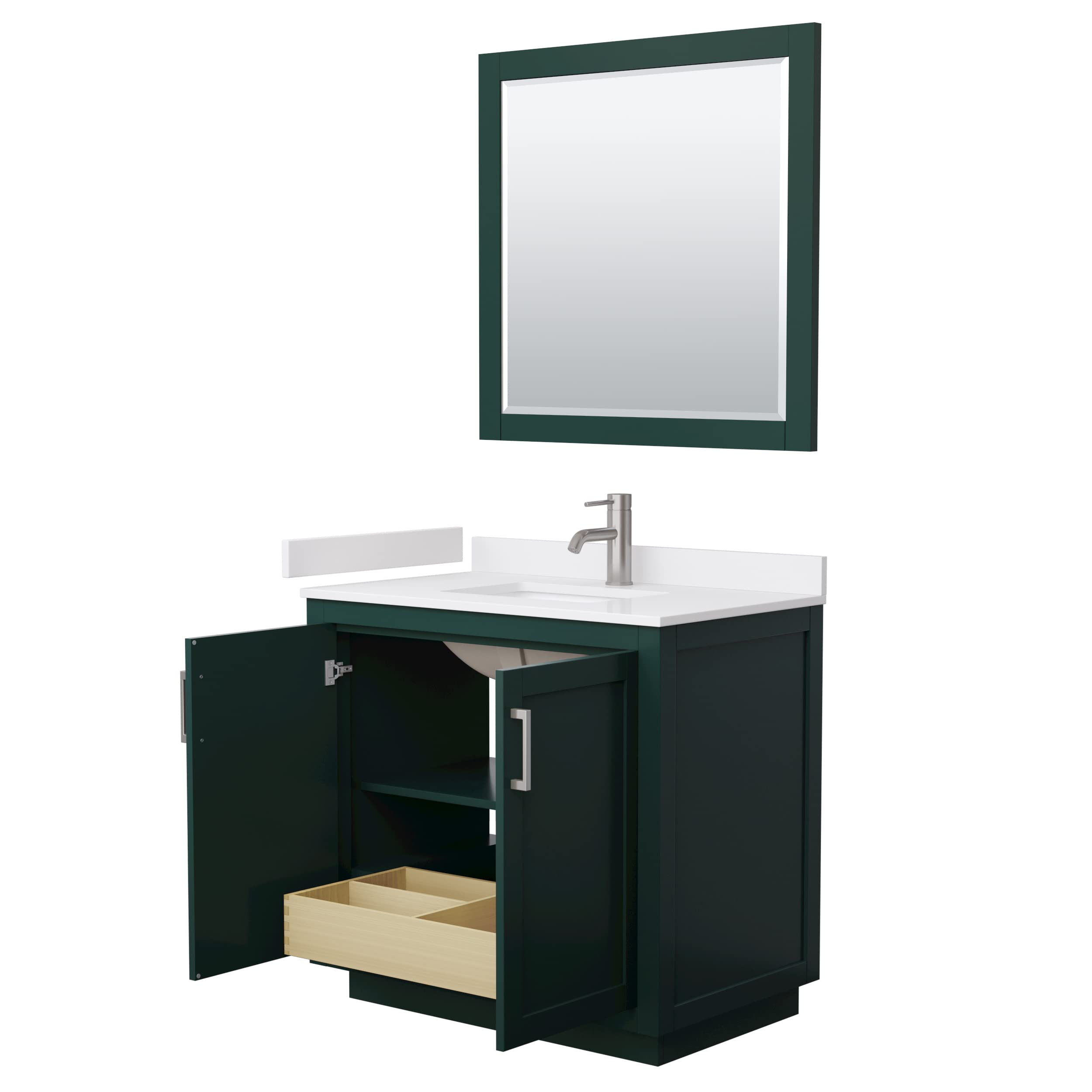 Wyndham Collection Miranda 36 Inch Single Bathroom Vanity with White Cultured Marble Countertop - Green Finish, Undermount Square Sink & Brushed Nickel Trim, Includes 34 Inch Mirror | Perfect for Modern Bathroom Renovation & Small Space Solutions