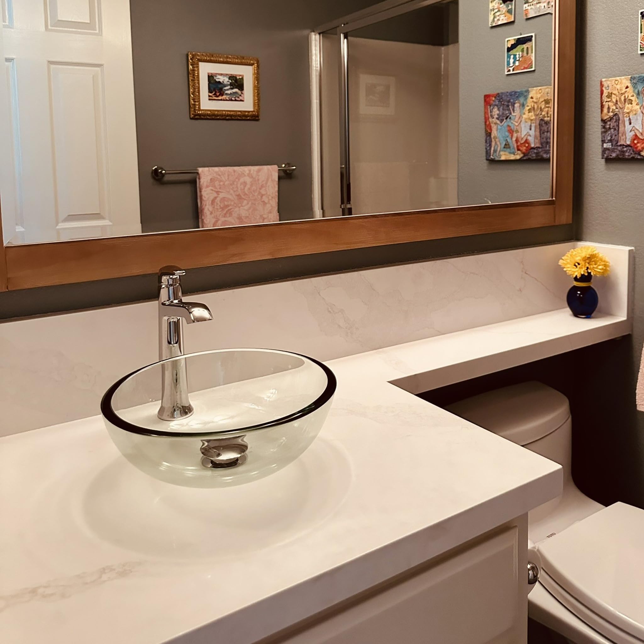 Clear Mini Glass Vessel Sink with Chrome Waterfall Faucet Set - Modern Bathroom Vanity Sink for Powder Room, Guest Bath & Small Space Installation