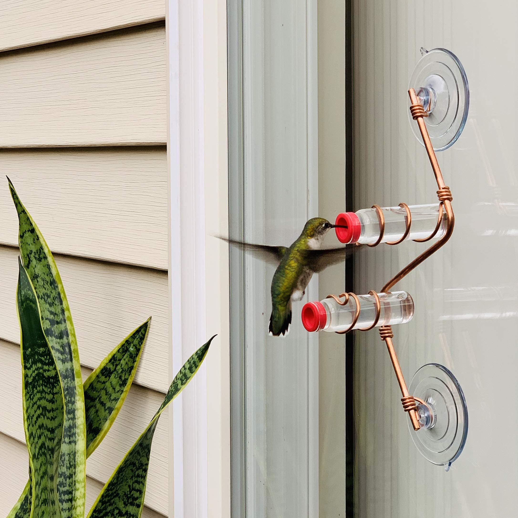Modern Geometric Window Hummingbird Feeder - Handcrafted Copper & Aluminum Design with Multiple Feeding Stations | Elegant Glass Bottles & Strong Suction Cups | Perfect for Home Décor, Bird Watching & Outdoor Relaxation | Attract Hummingbirds to Your Garden or Balcony