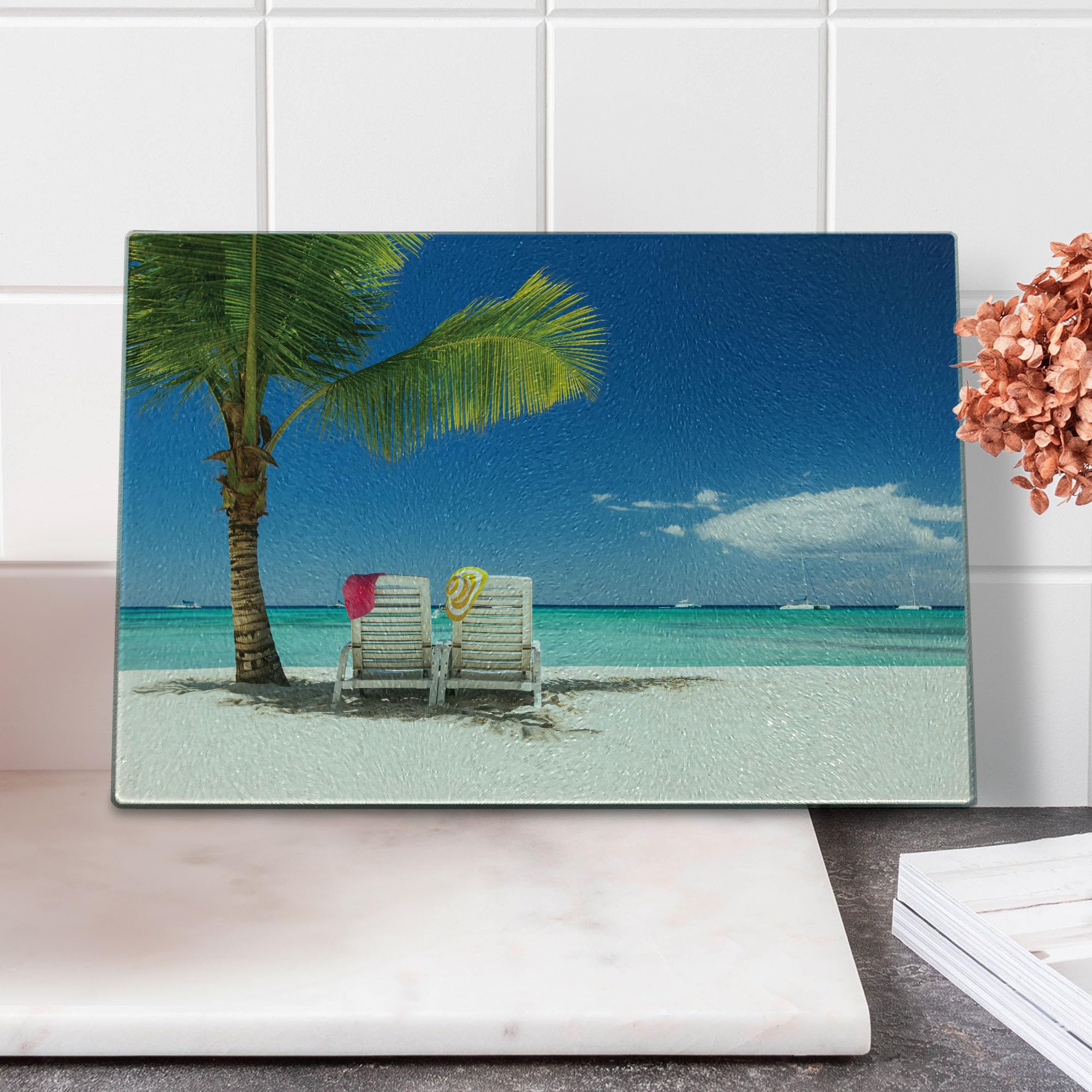 Ambesonne Seaside Tempered Glass Cutting Board - Panoramic Beach with Palm Trees, Chairs & Boats - Decorative Serving Board for Kitchen, Small Size in Blue Green - Perfect for Entertaining, Cheese Platters & Coastal-Themed Decor