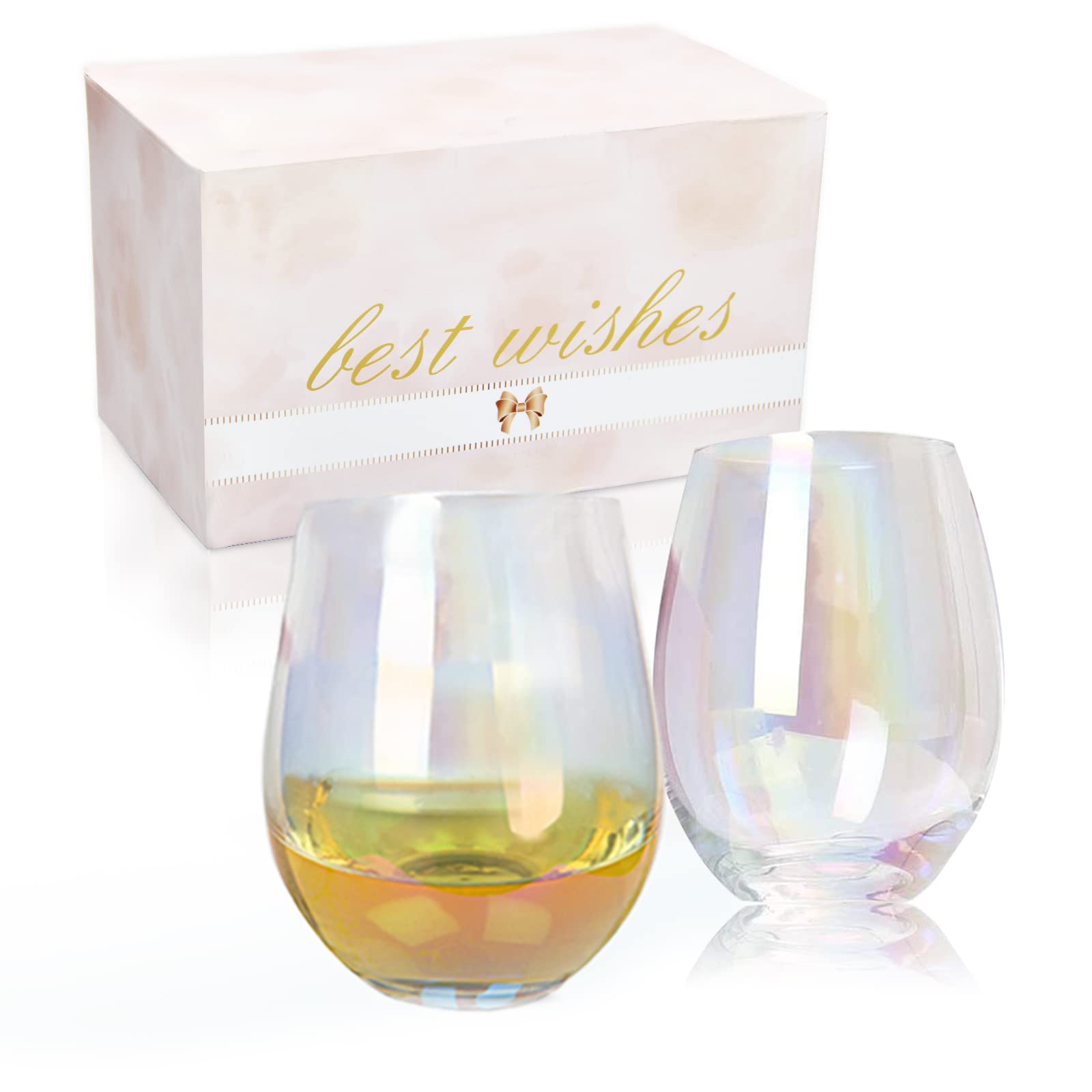 Stemless Rainbow Wine Glasses Set of 2 - Crystal Cups for Wedding & Gifts