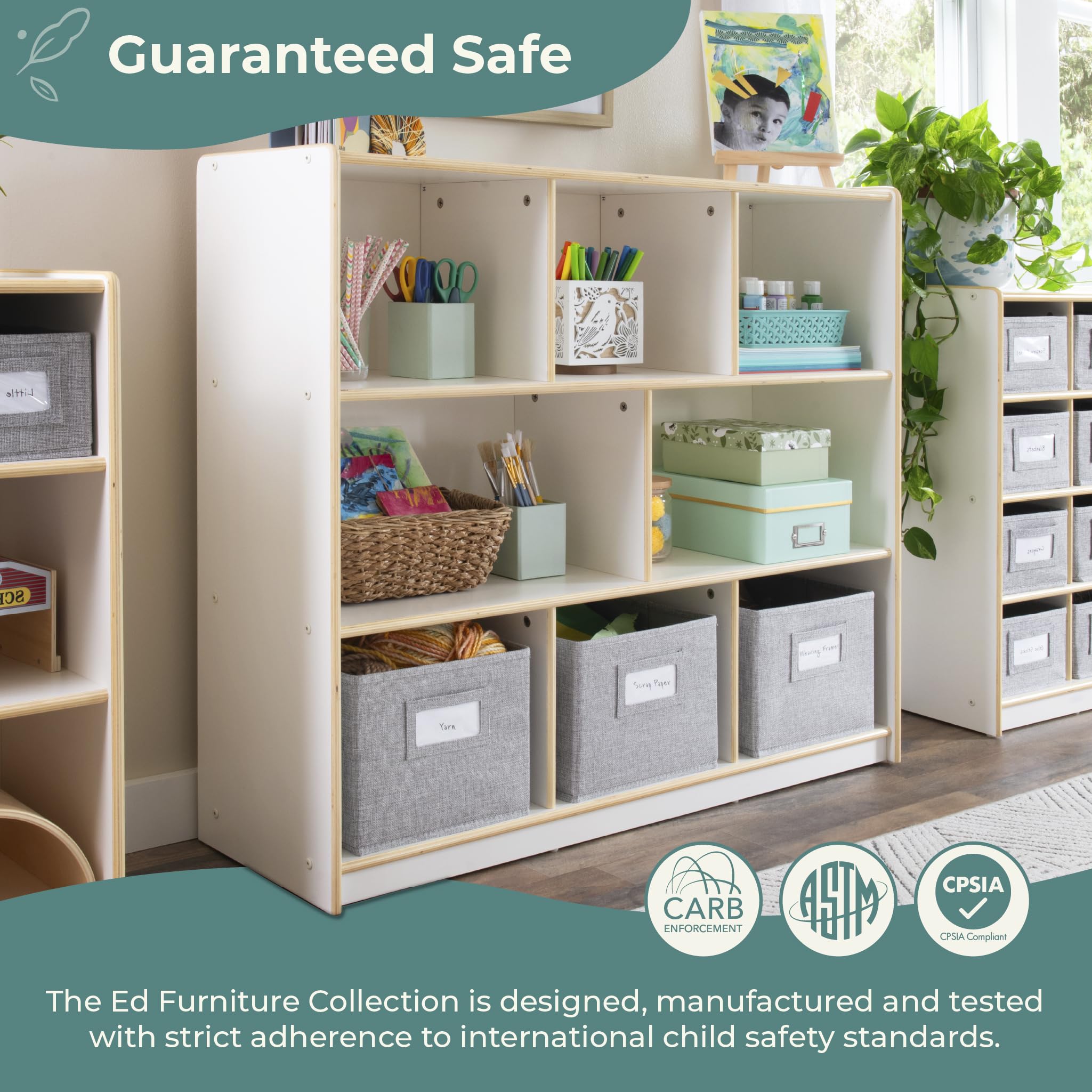 Guidecraft EdQ 3-Shelf Wooden Storage Unit with Fabric Bins - Kids Bookshelf & Toy Organizer for Bedroom, Homeschool & Classroom - White Nursery Furniture for Toys, Books & School Supplies Storage