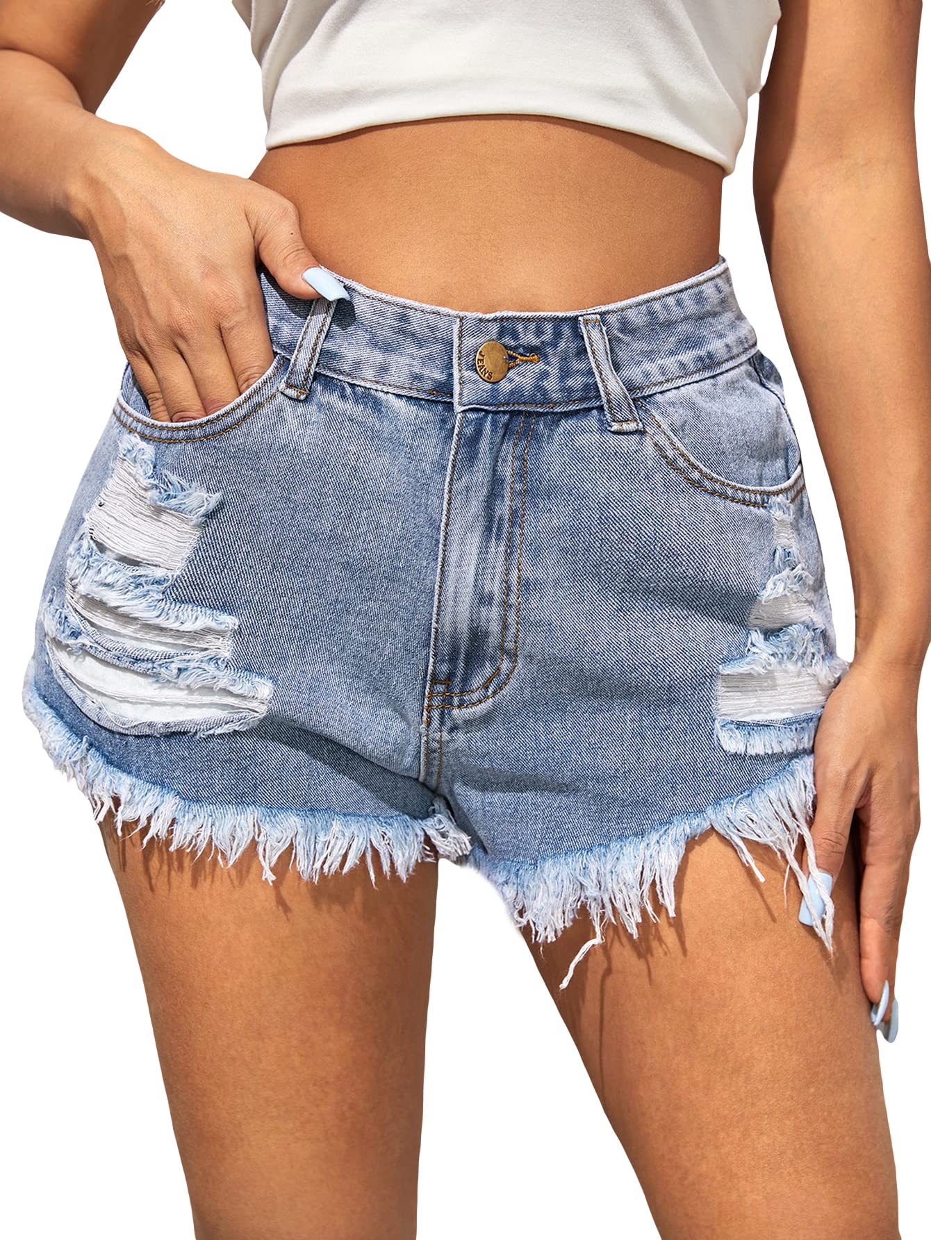 Stylish Women's Ripped High Waisted Denim Shorts - Distressed Jean Shorts for Summer | Perfect for Casual Outfits, Beach Vacations & Streetwear Fashion
