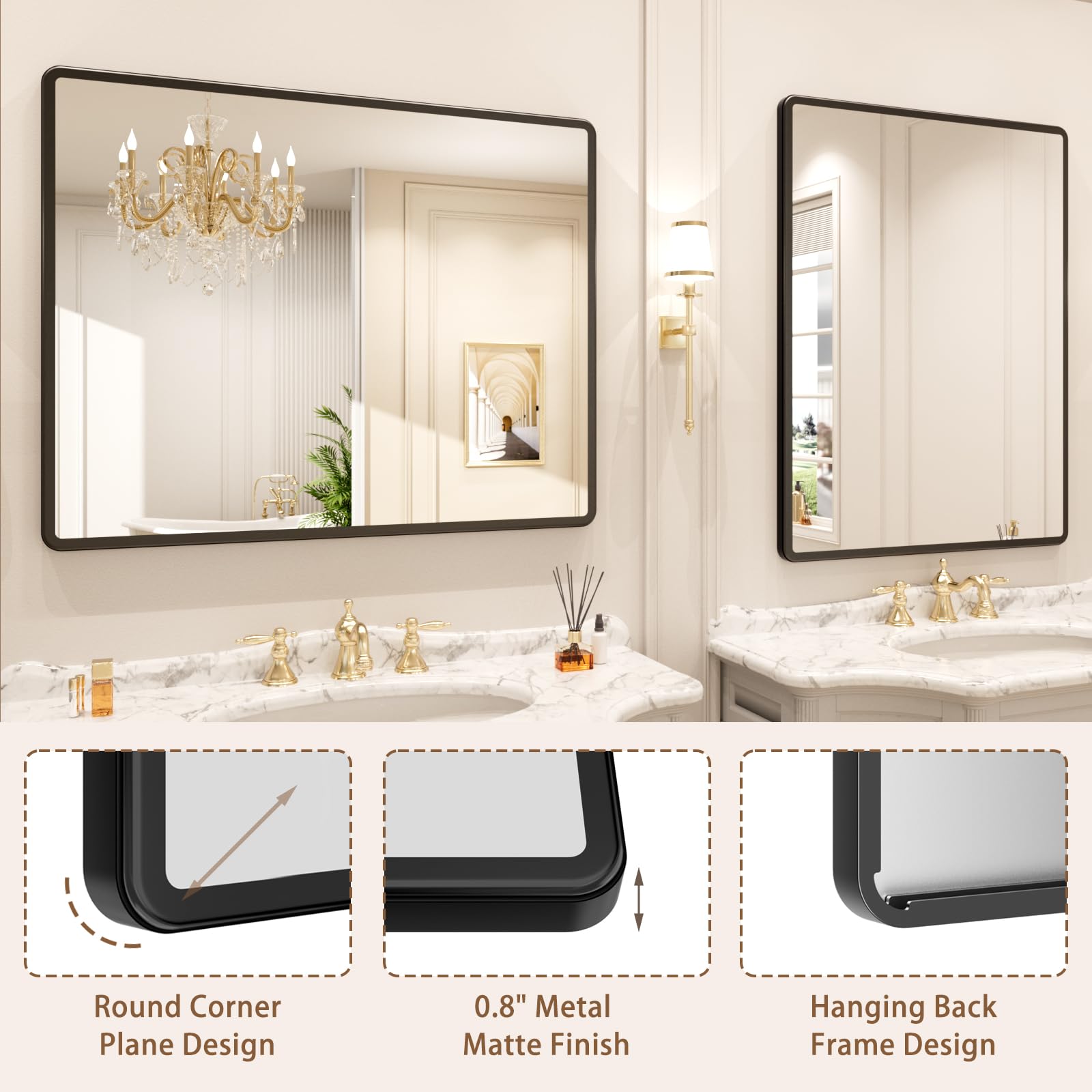 24x36 Inch Black Metal Frame Wall Mounted Bathroom Mirror - Rounded Rectangle Vanity Mirror with Tempered Glass for Bathroom, Bedroom & Living Room | Perfect for Modern Home Decor, Makeup Station & Space Enhancement