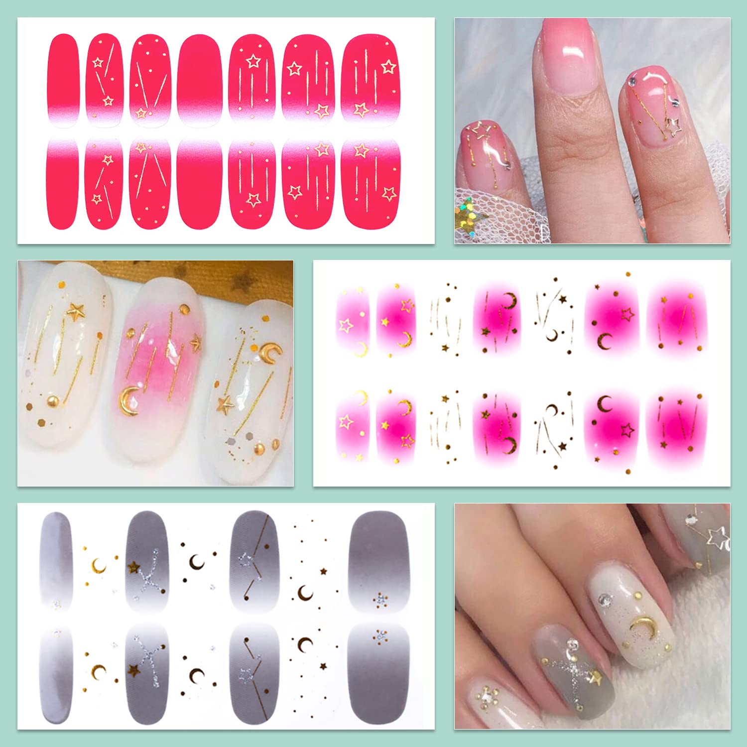 WOKOTO 20 Sheets Moon & Stars Nail Polish Strips - Gradient Nail Stickers, Full Nail Wraps for Women, Gel Nail Strips with Real Polish Effect - Perfect for DIY Manicures, Parties & Special Occasions